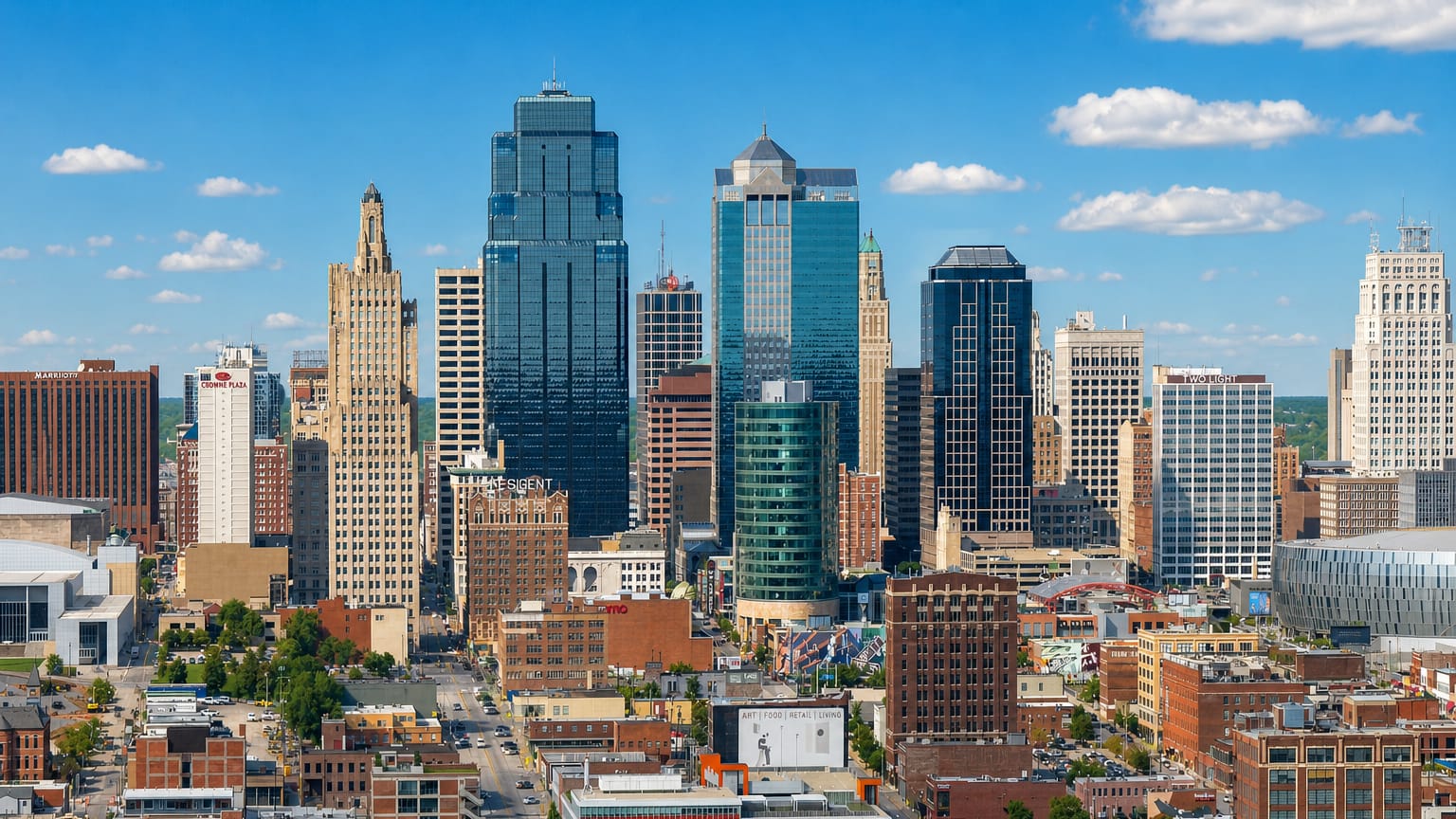 Downtown Kansas City skyline with the crown-topped One Kansas City Place and Art Deco towers under blue sky.