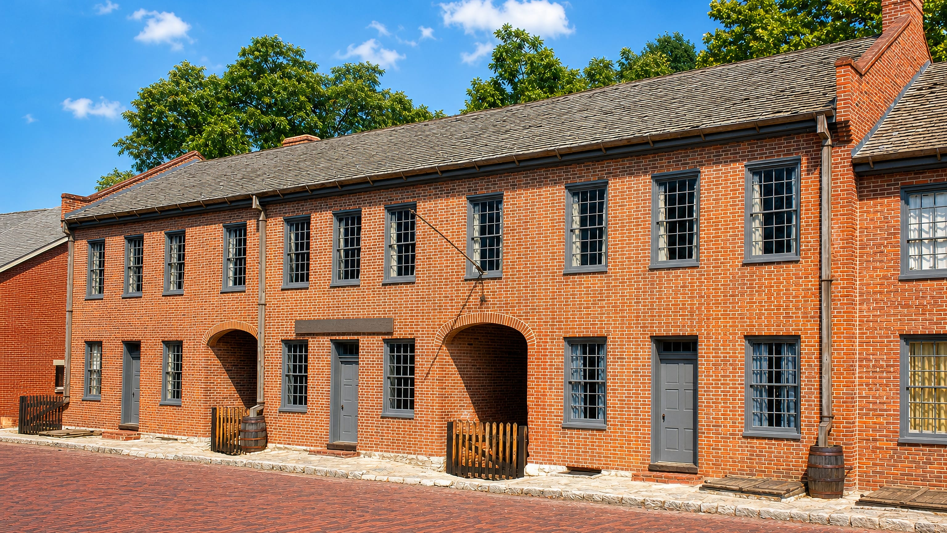 Historic red-brick row buildings along the cobbled Main Street of Saint Charles, Missouri