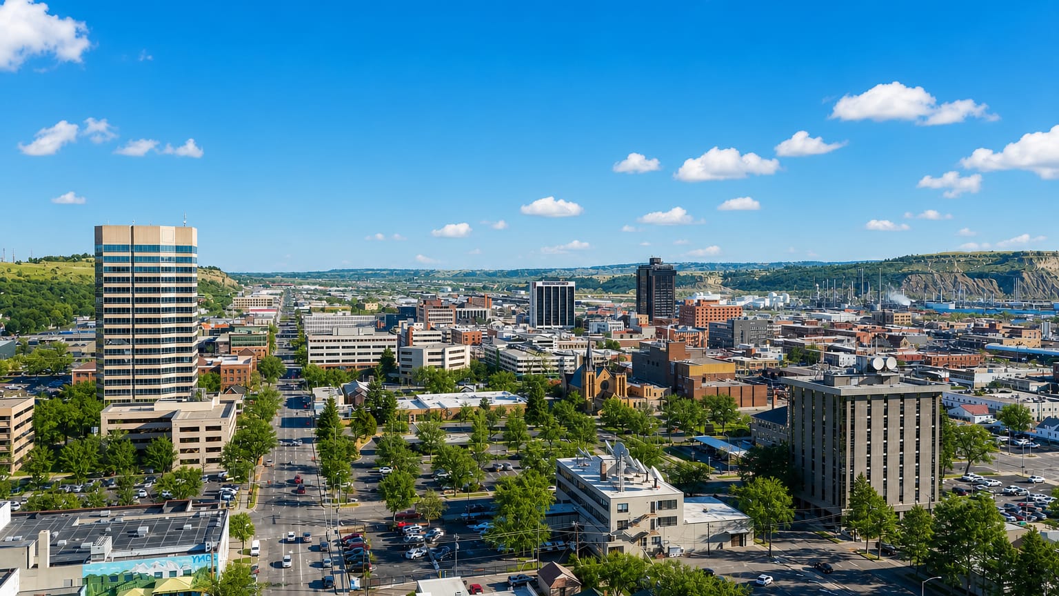 Downtown Billings, Montana with a high-rise tower and the sandstone Rimrocks cliffs beyond a tree-lined boulevard.