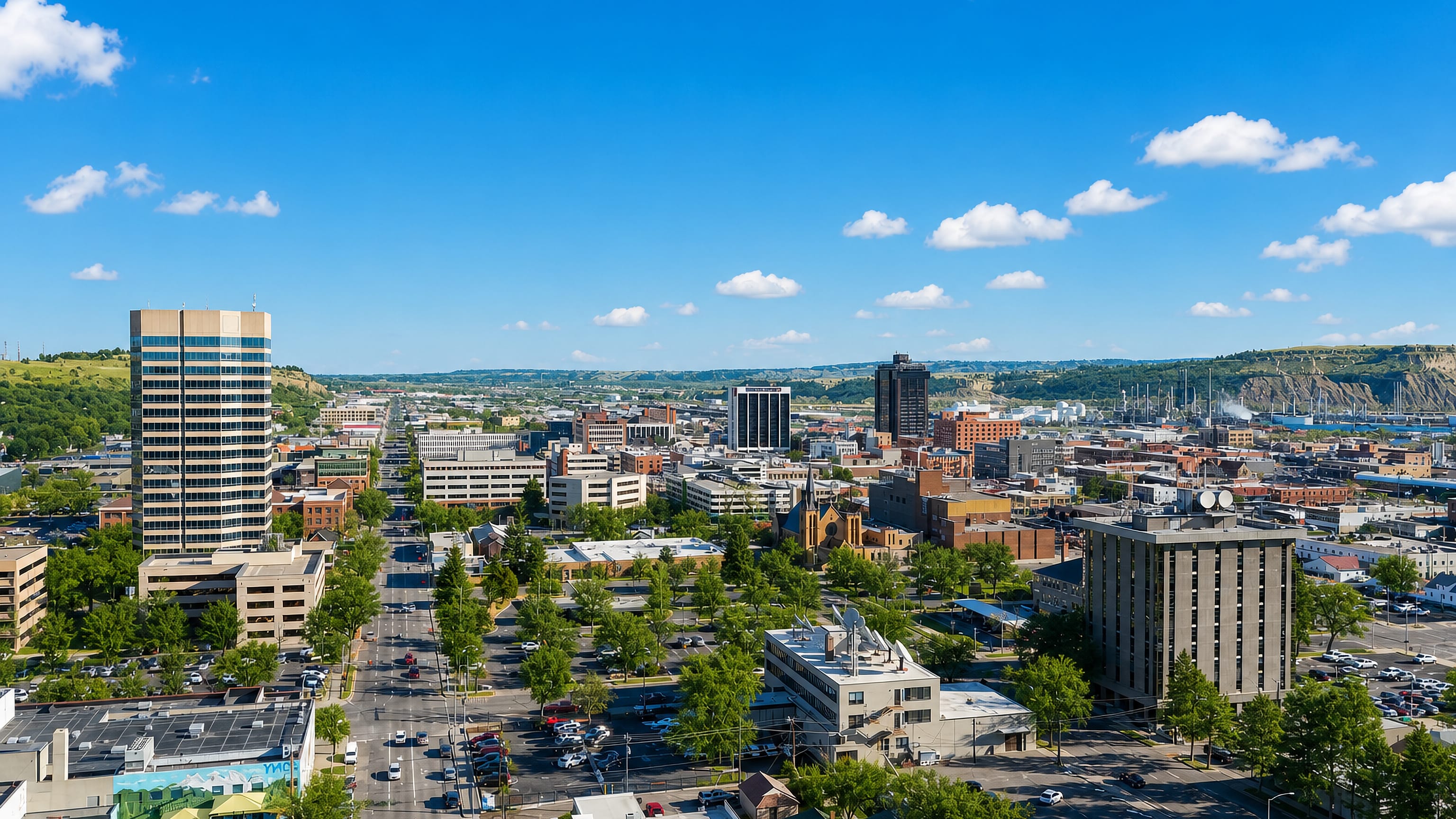 Downtown Billings, Montana with a high-rise tower and the sandstone Rimrocks cliffs beyond a tree-lined boulevard.