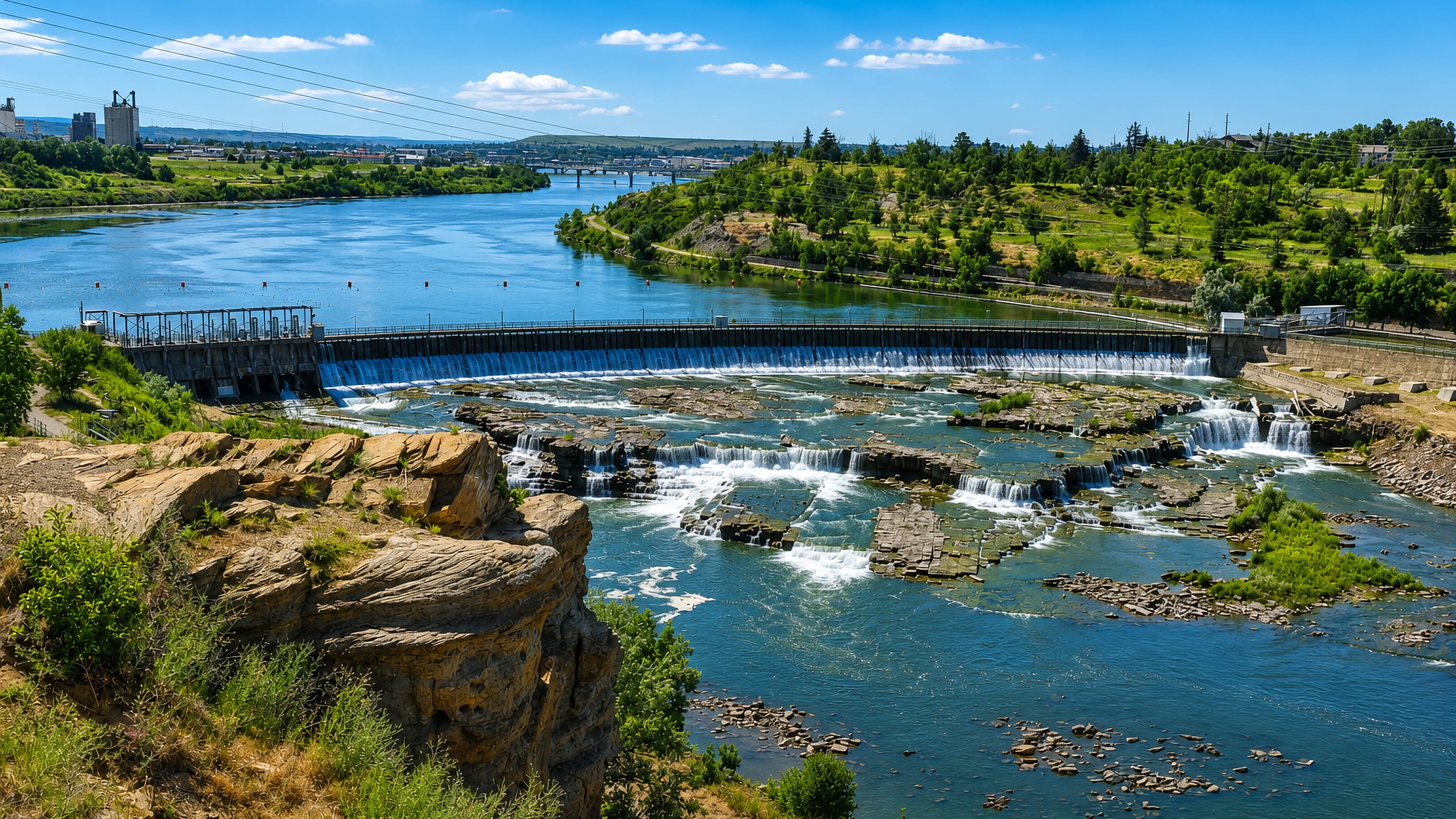 Black Eagle Dam and cascades on the Missouri River below the city of Great Falls, Montana