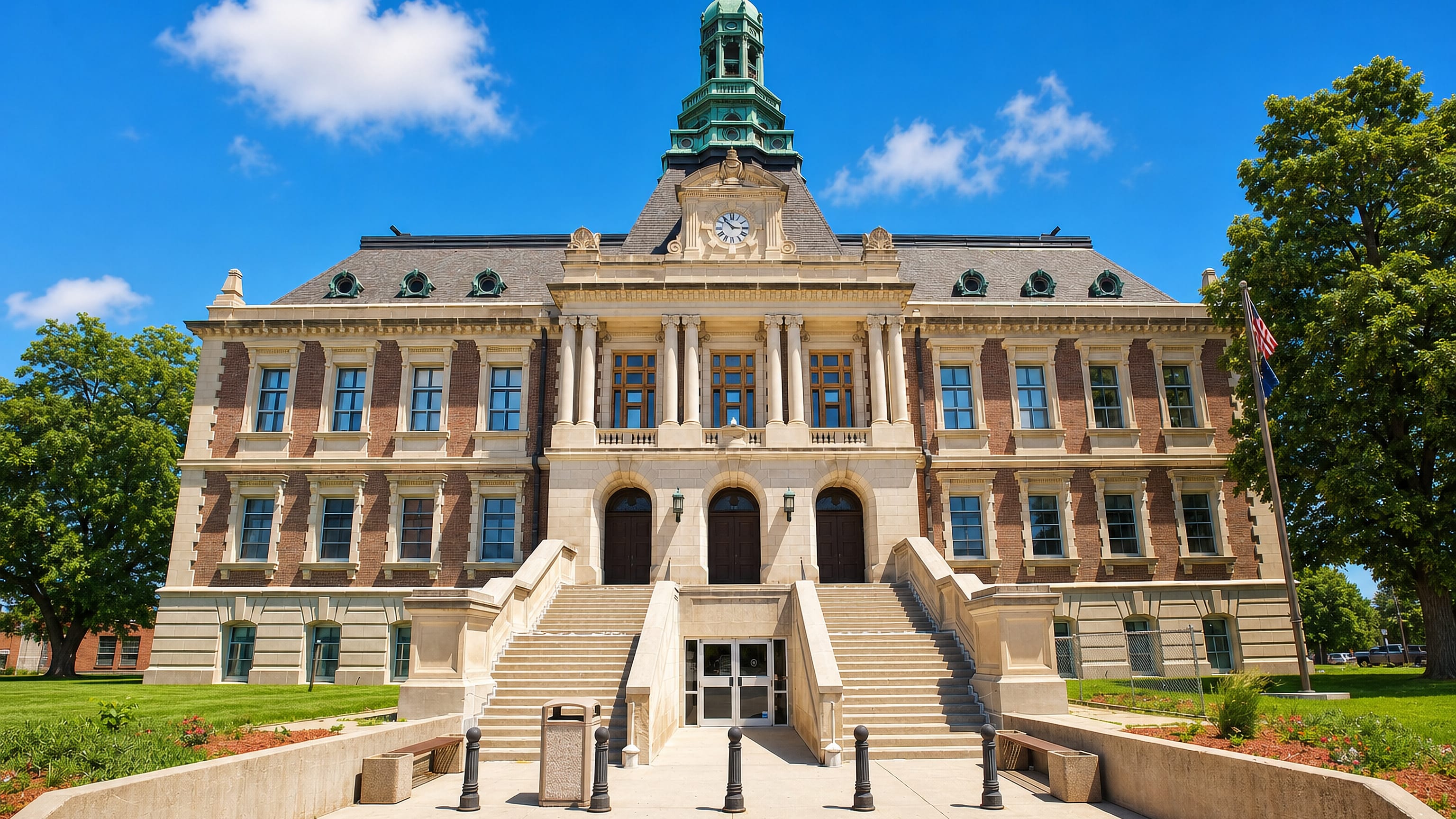 Historic brick and stone county courthouse with a green cupola and clock tower in Grand Island, Nebraska.