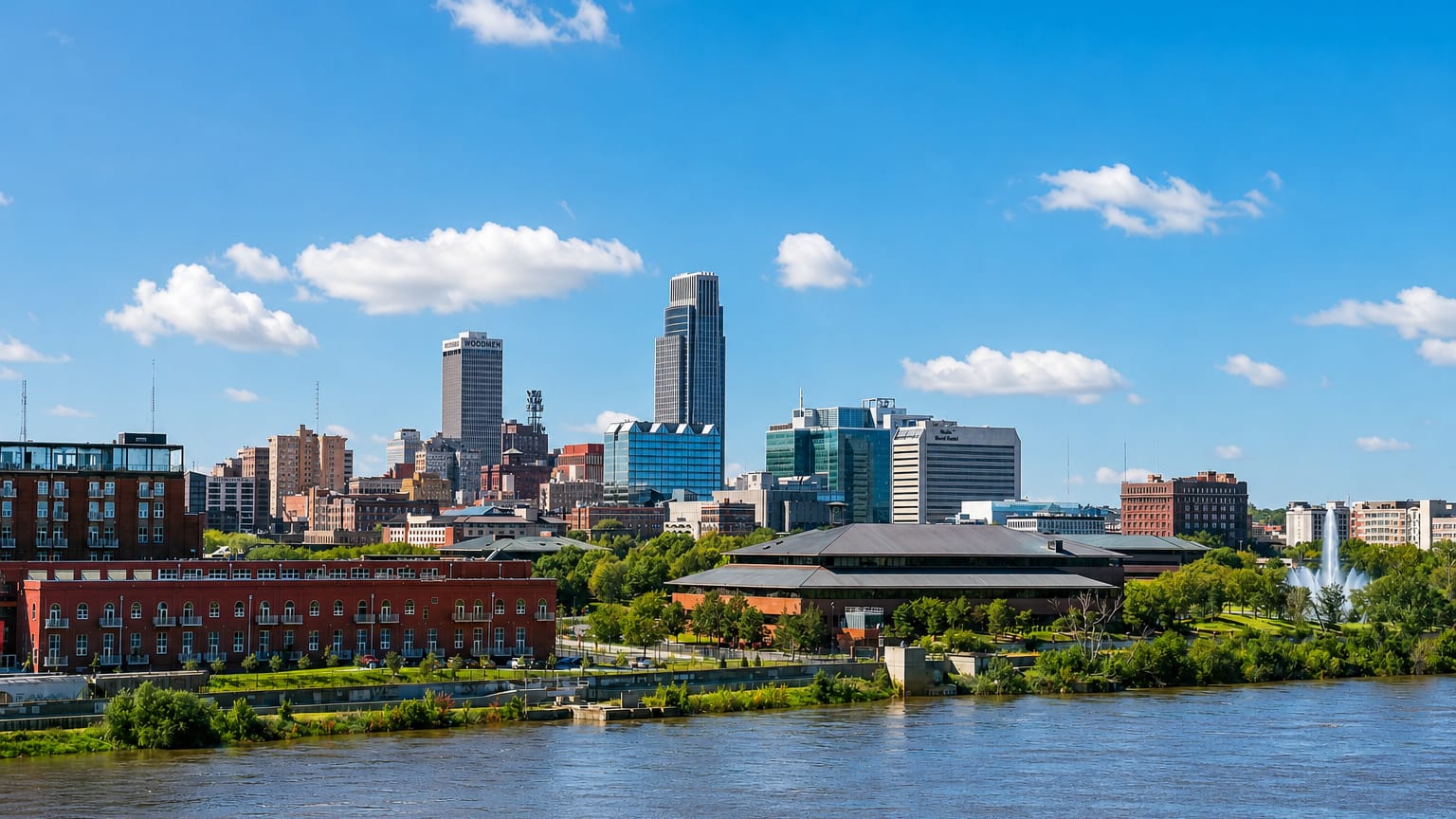 Downtown Omaha, Nebraska skyline led by the First National Bank Tower rising above the Missouri River waterfront