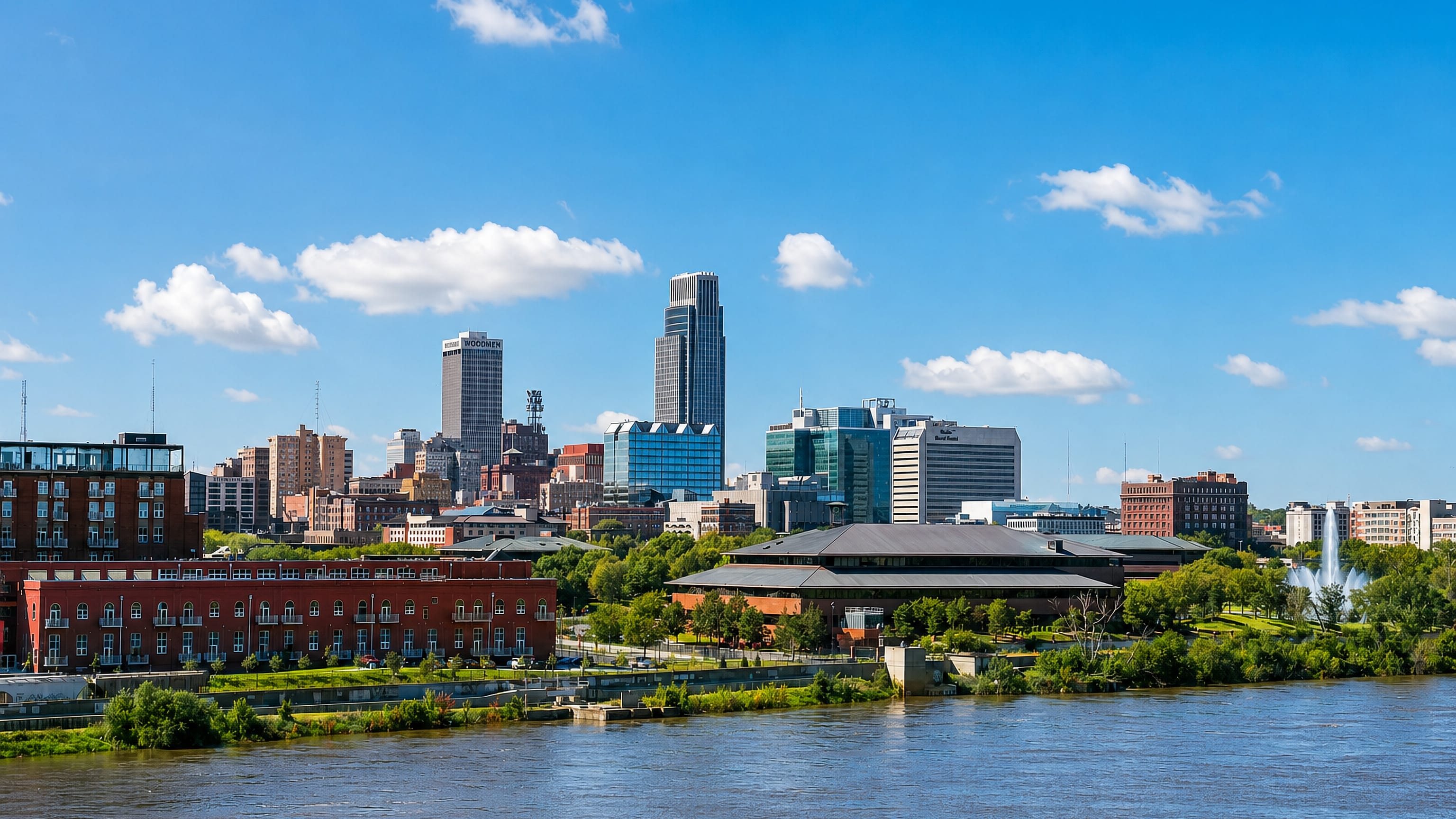 Downtown Omaha, Nebraska skyline led by the First National Bank Tower rising above the Missouri River waterfront