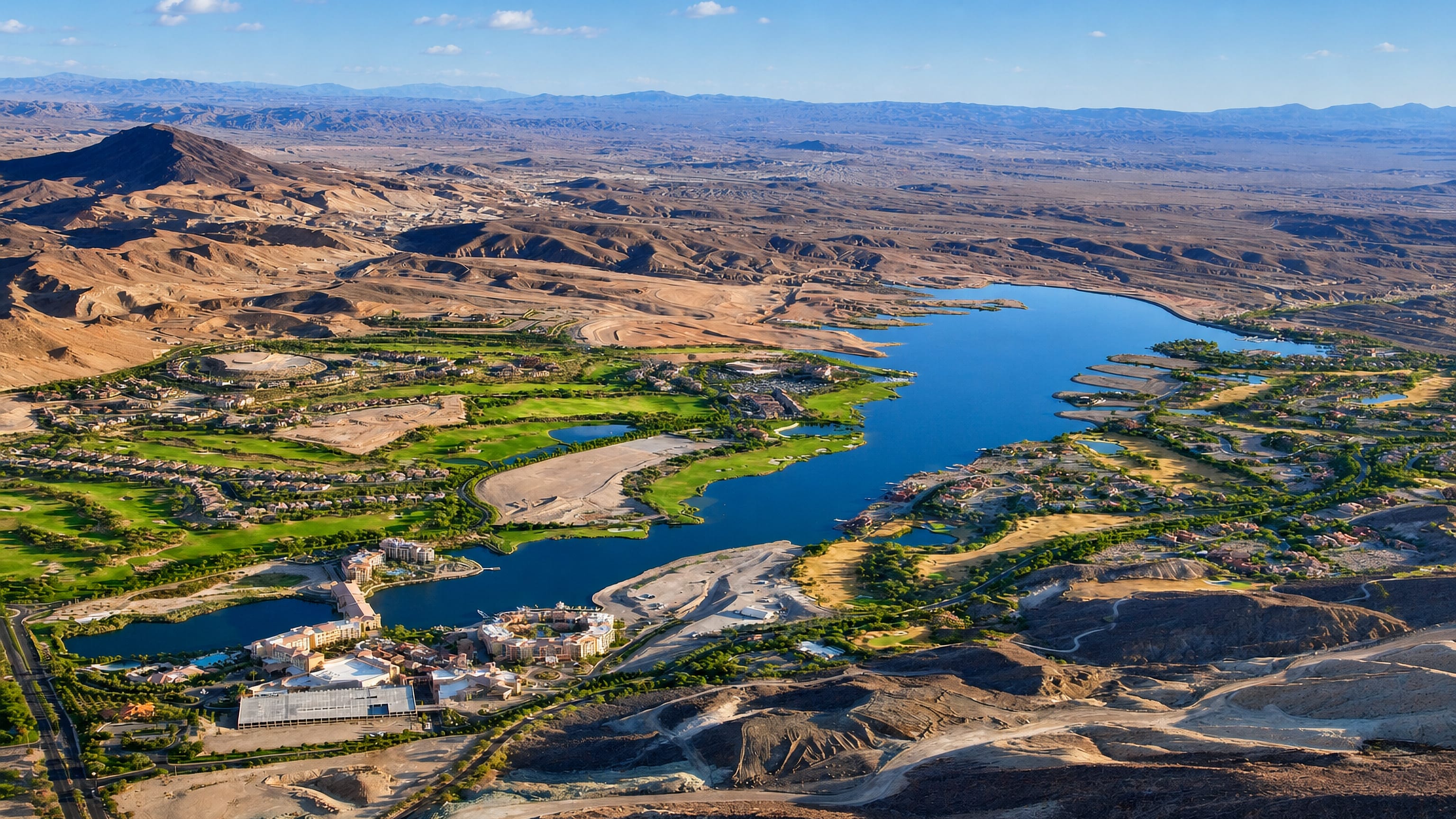 Aerial view of Lake Las Vegas and its resort village set among the desert hills of Henderson, Nevada.