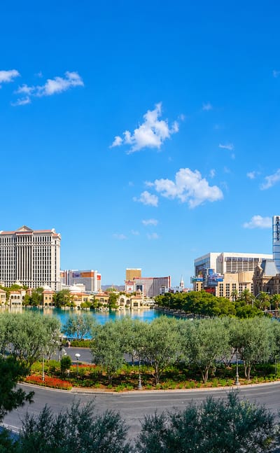 The Las Vegas Strip with the Bellagio, Caesars Palace, and the Paris Eiffel Tower replica
