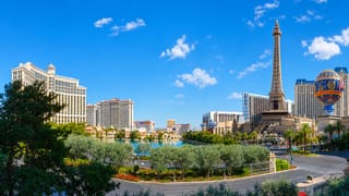 The Las Vegas Strip with the Bellagio, Caesars Palace, and the Paris Eiffel Tower replica