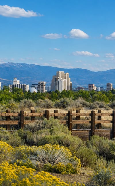 Downtown Reno's towers rising beyond high-desert sagebrush and distant mountains in Nevada
