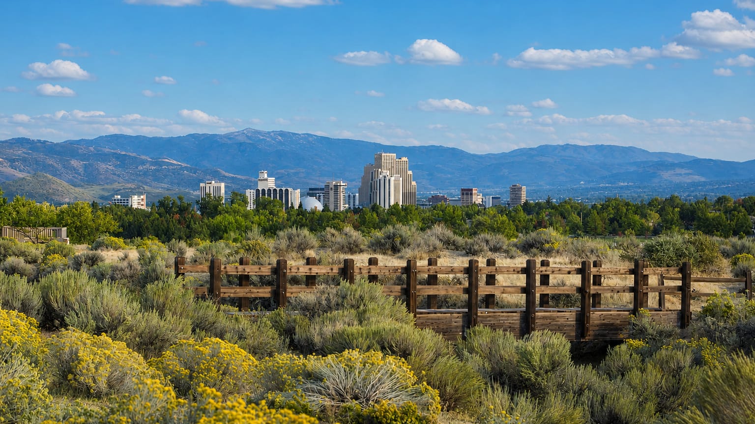 Downtown Reno's towers rising beyond high-desert sagebrush and distant mountains in Nevada