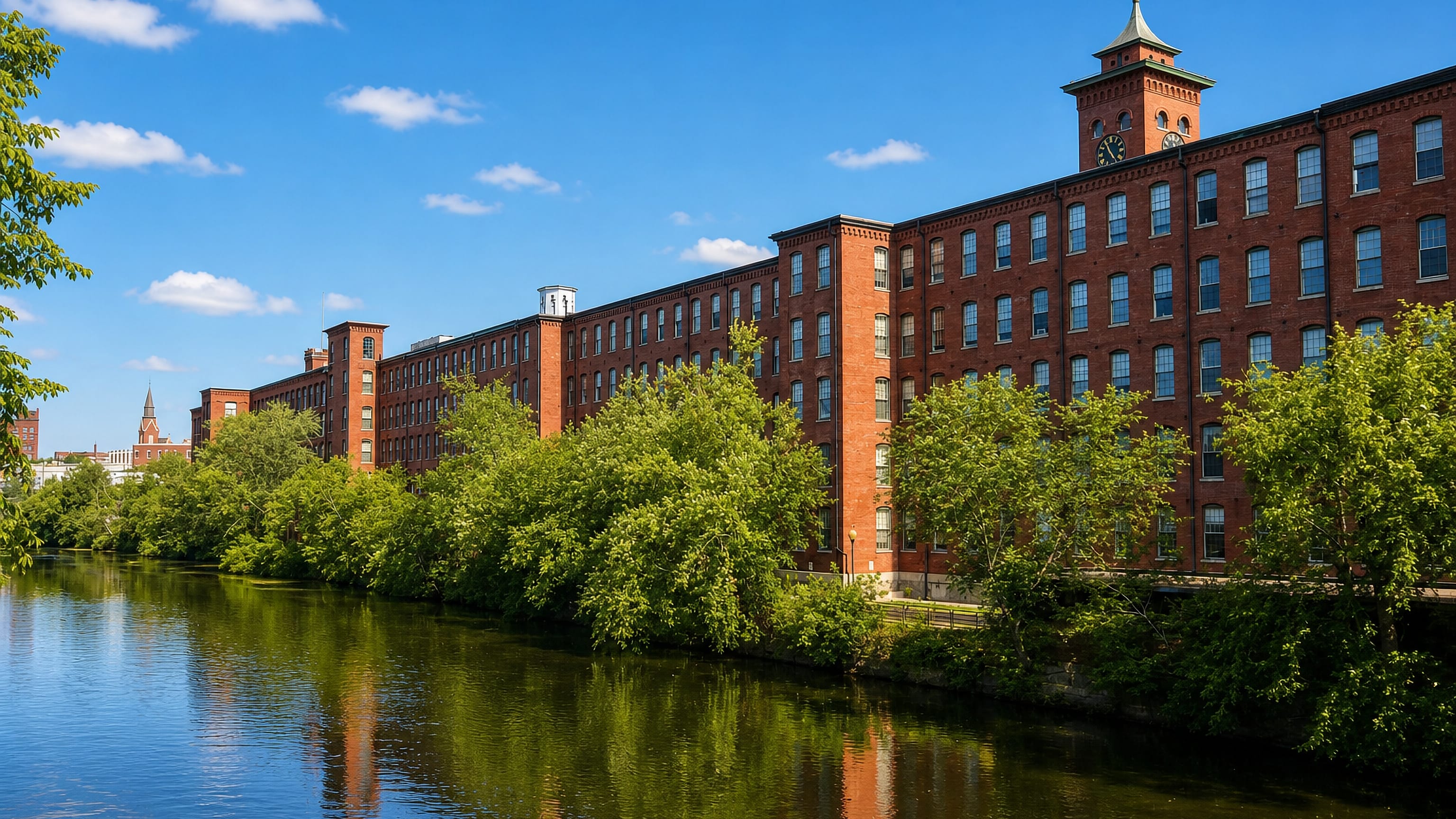 Red-brick mill buildings and a clock tower lining the Nashua River in Nashua, New Hampshire, on a clear summer day