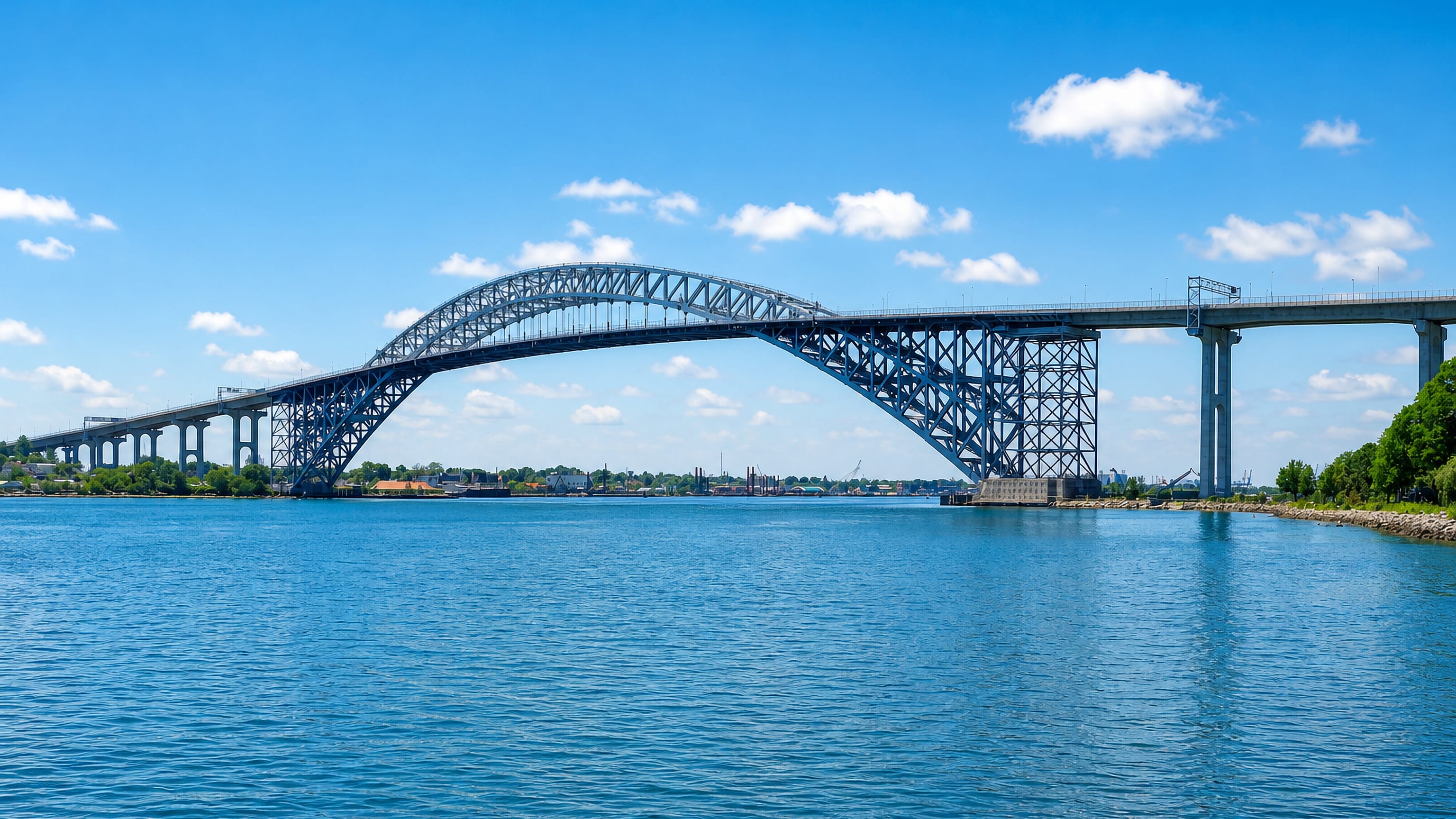 The steel arch of the Bayonne Bridge spanning the Kill Van Kull at Bayonne, New Jersey.