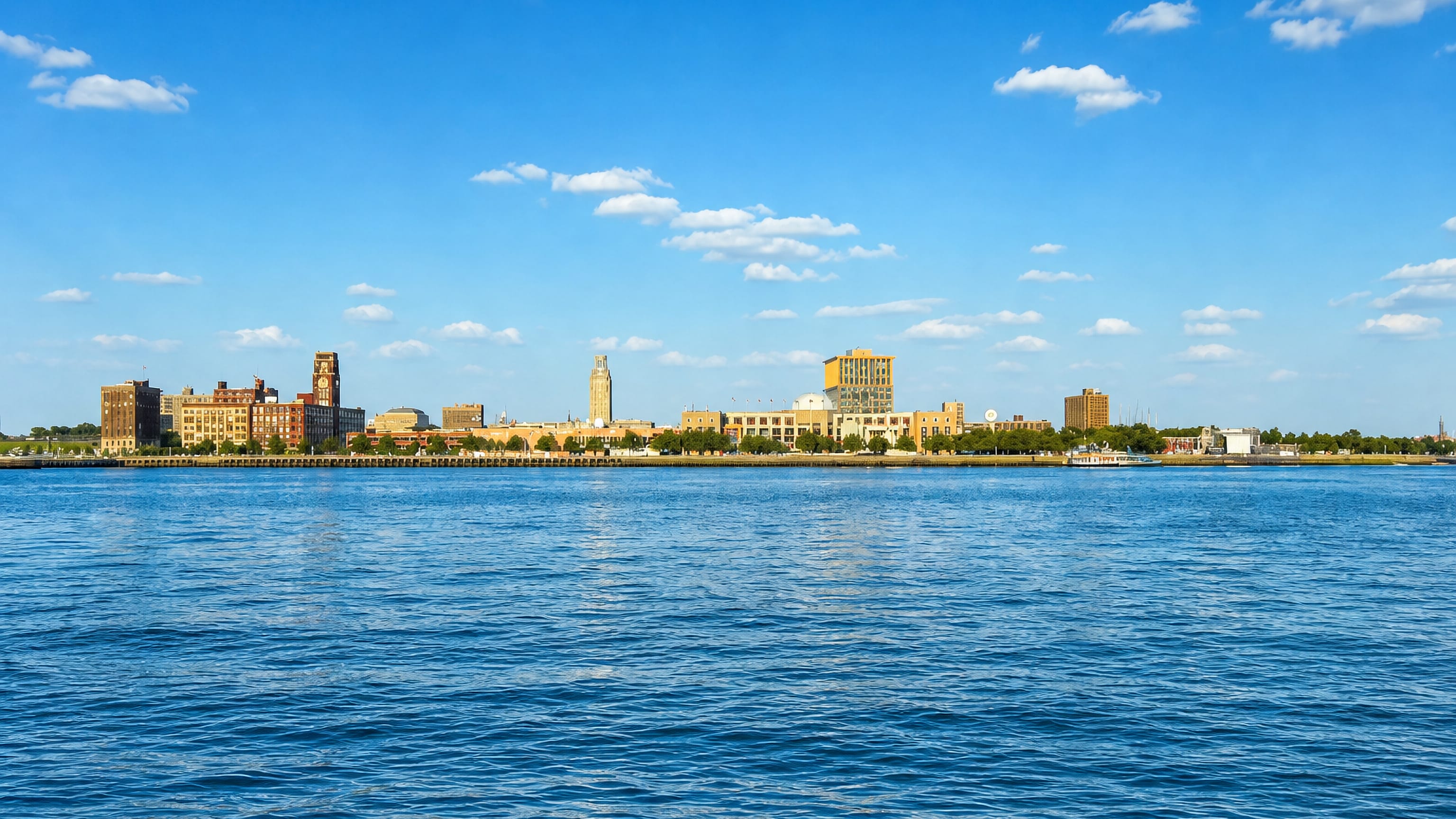 Camden, New Jersey's low waterfront skyline and brick clock tower seen across the Delaware River.
