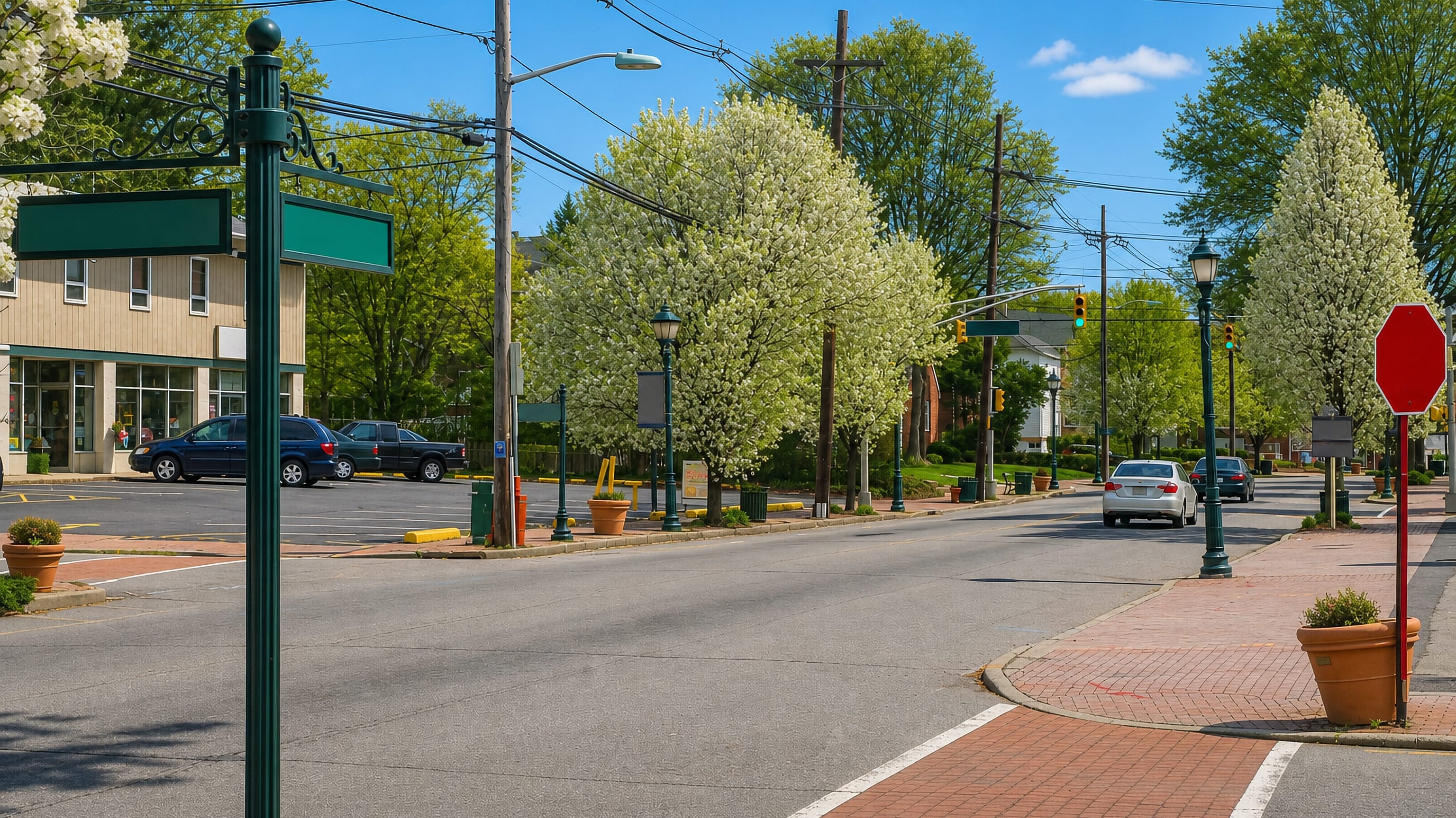 Tree-lined main street with brick sidewalks, storefronts and spring blossom in Edison, New Jersey.