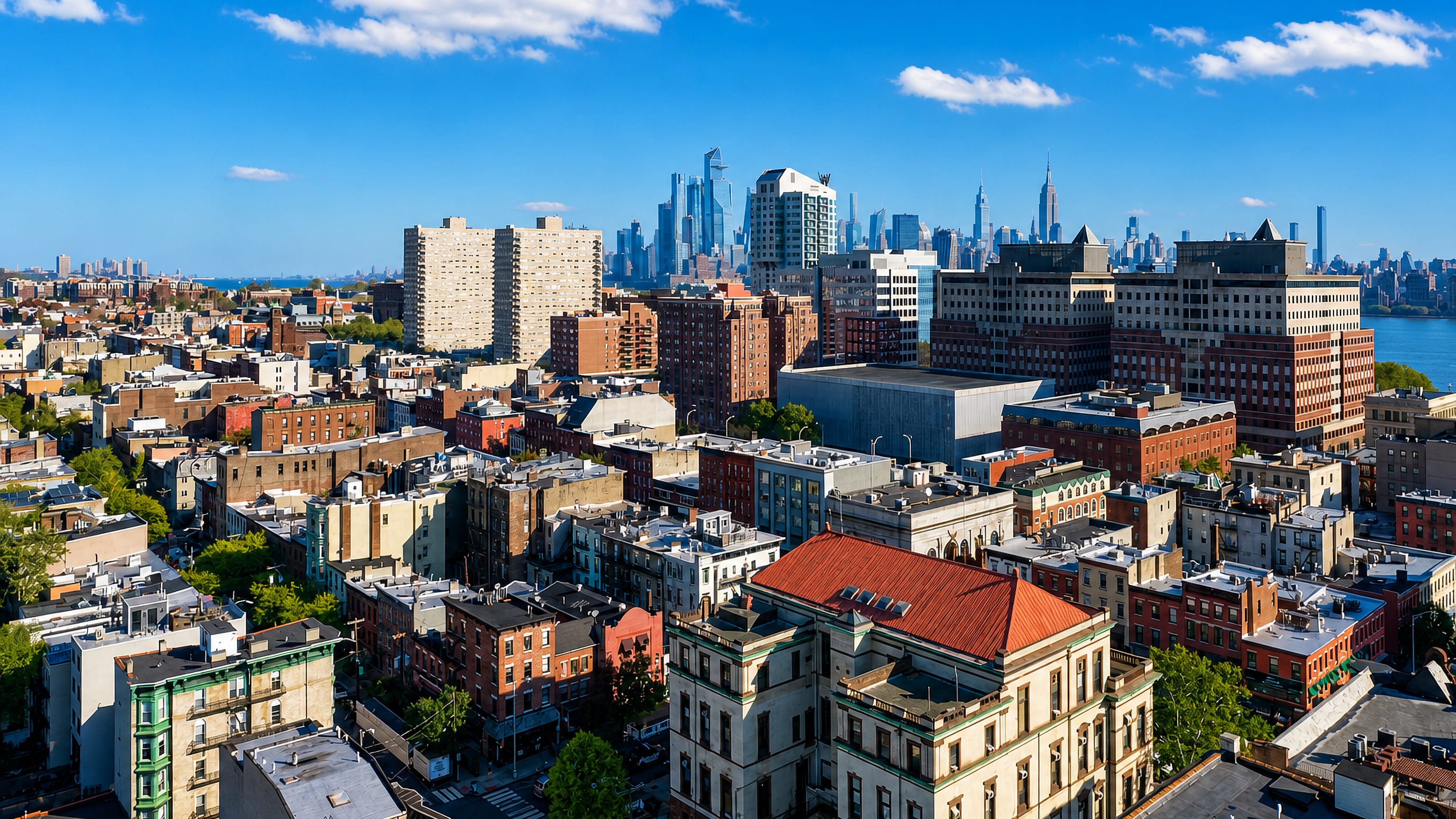 Aerial view over Hoboken's brownstone rowhouses with the Manhattan skyline across the Hudson River.