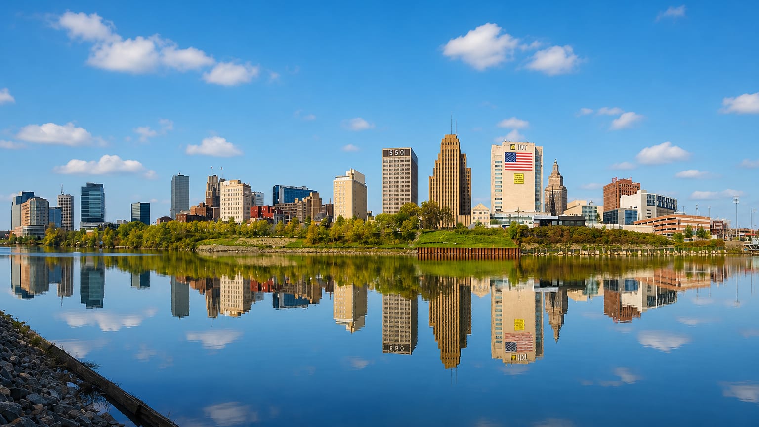 Newark's downtown skyline mirrored in the Passaic River, with the National Newark Building and Art Deco towers.