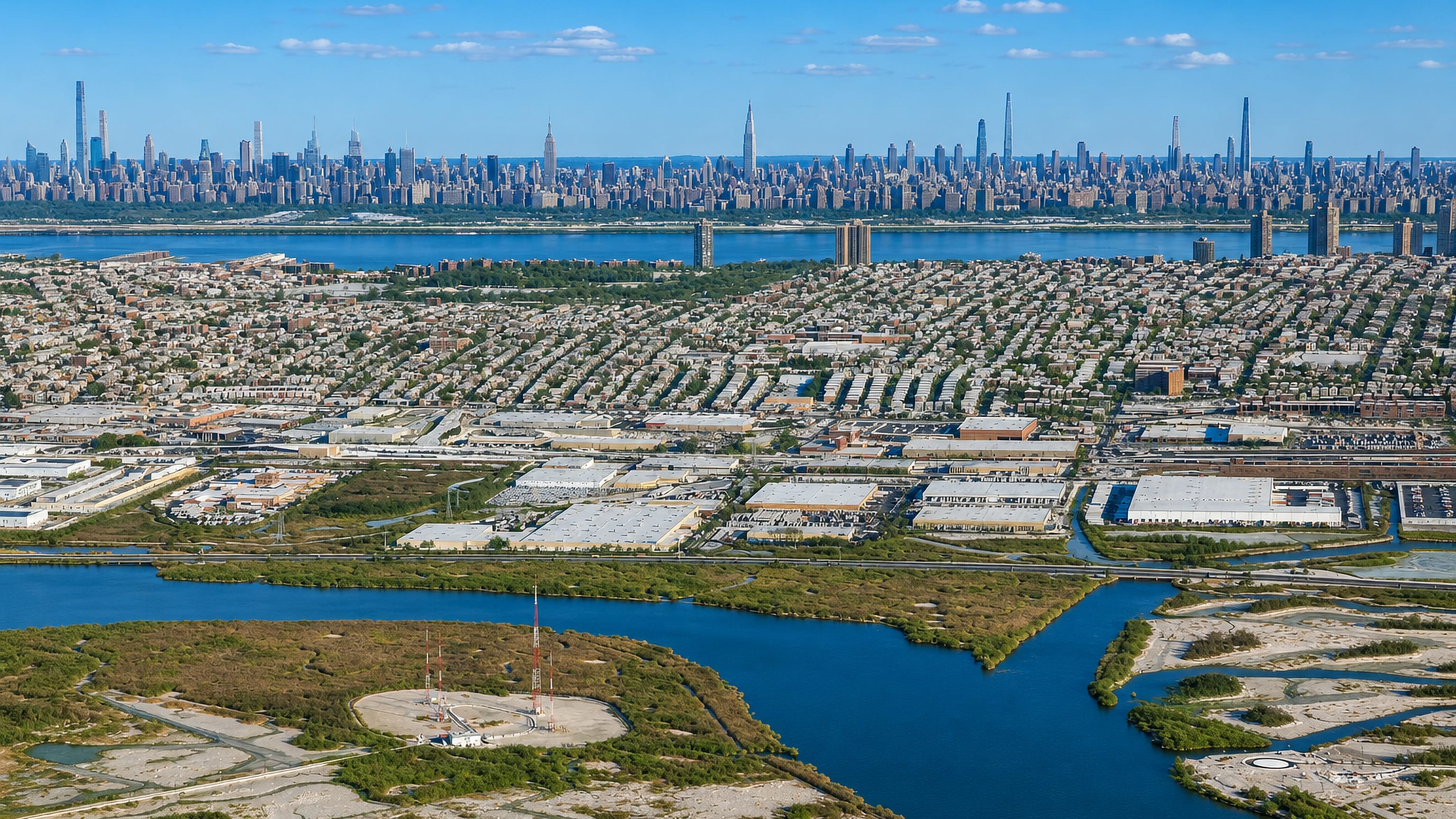 Aerial over North Bergen, New Jersey, its row-house grid and the Manhattan skyline across the Hudson