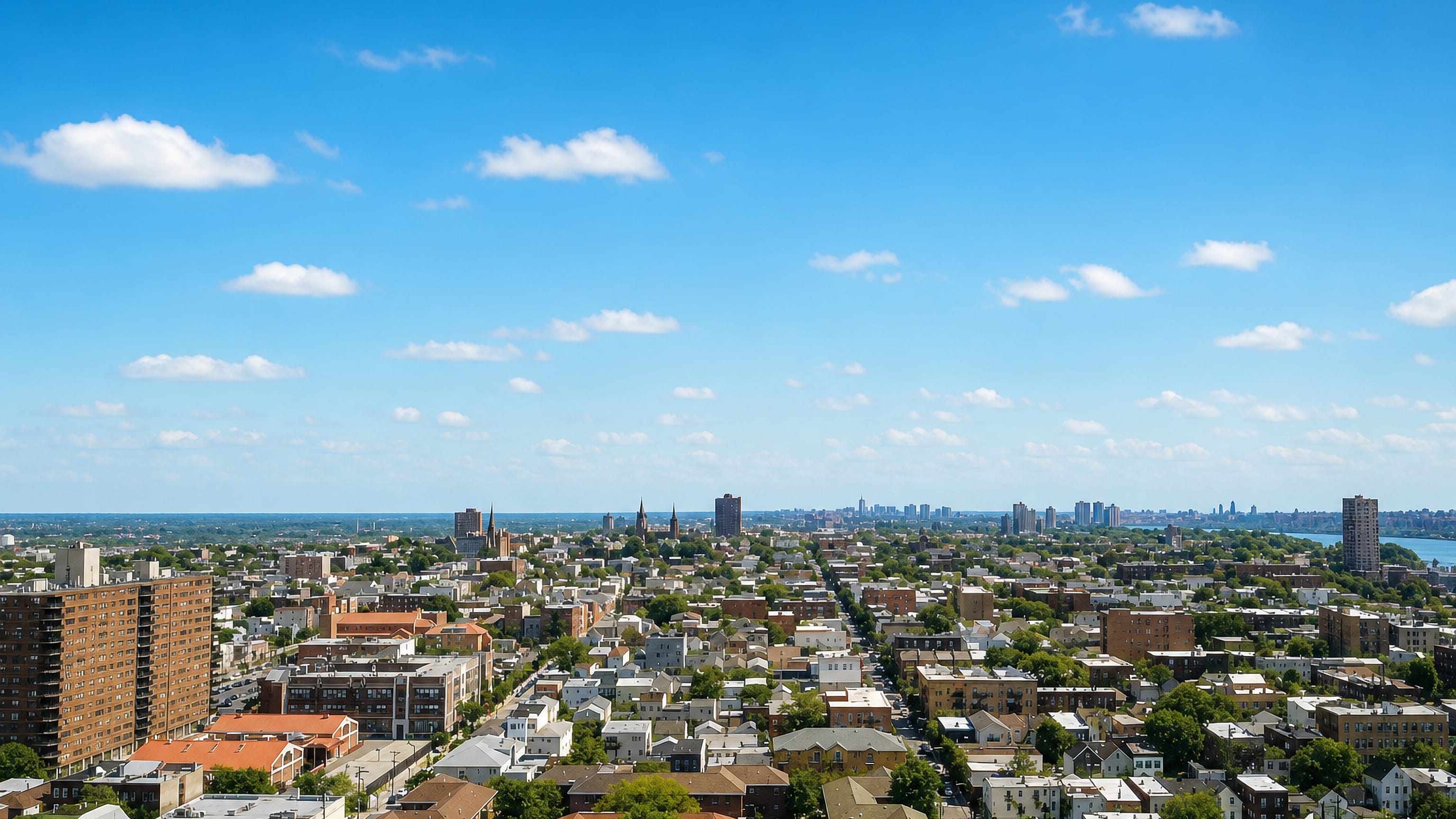 Aerial over Union City, New Jersey rooftops with the Manhattan skyline on the horizon