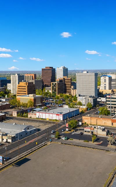 Downtown Albuquerque skyline with the Albuquerque Plaza tower under a high-desert sky