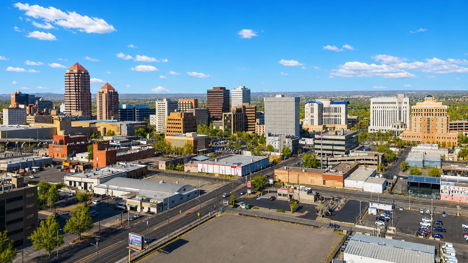 Downtown Albuquerque skyline with the Albuquerque Plaza tower under a high-desert sky