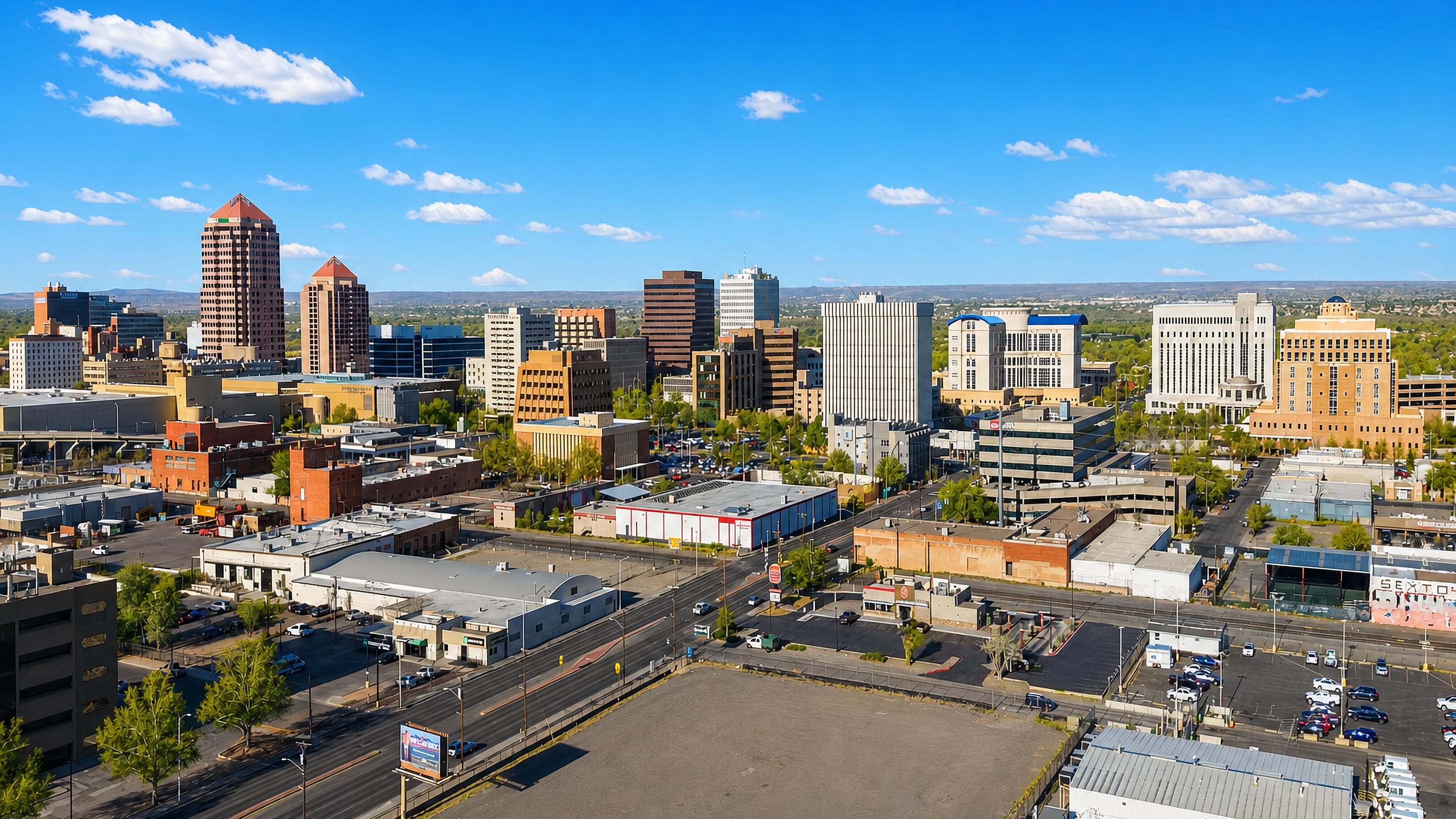 Downtown Albuquerque skyline with the Albuquerque Plaza tower under a high-desert sky