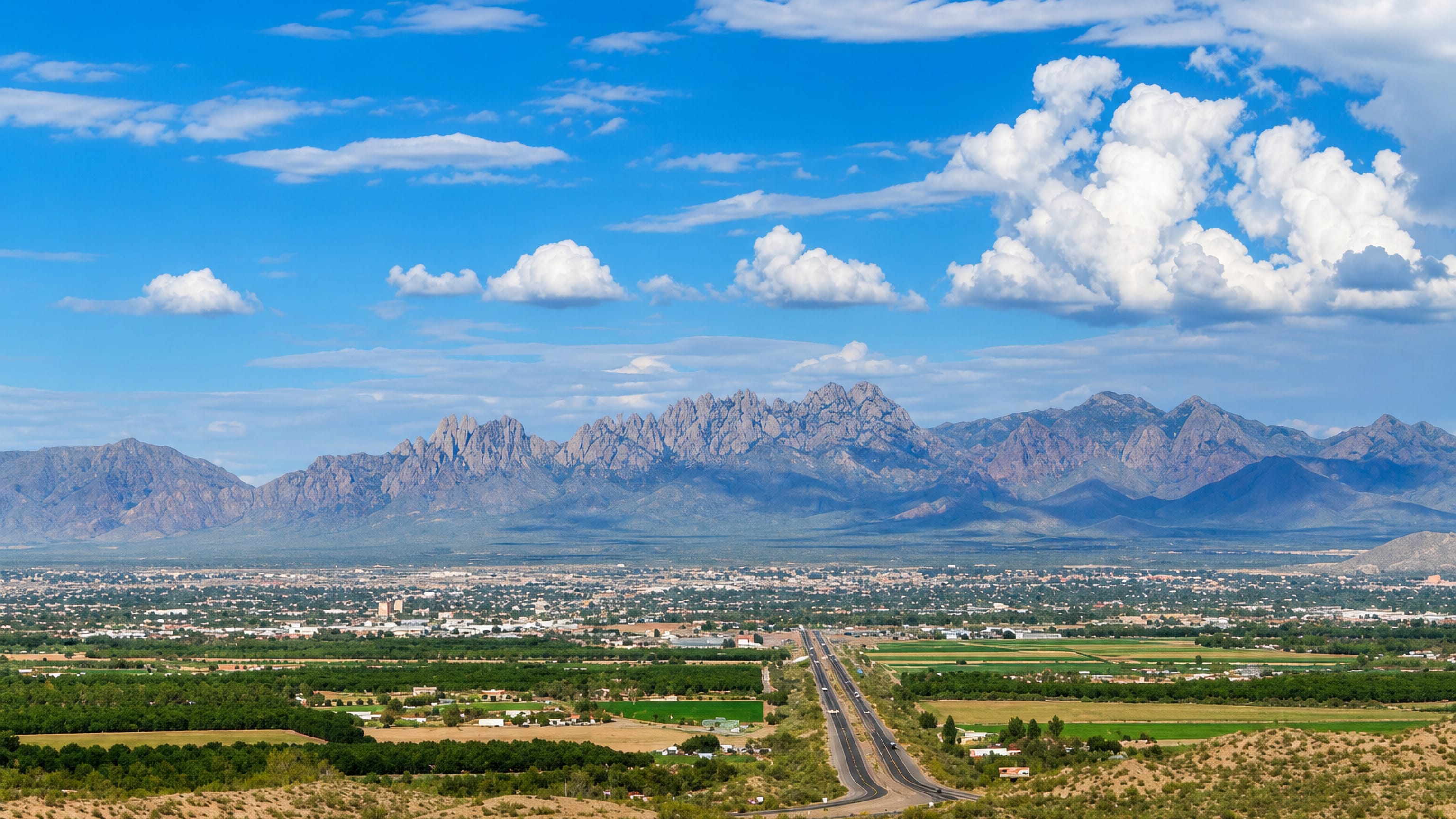 Las Cruces, New Mexico spreading across the Mesilla Valley below the jagged Organ Mountains