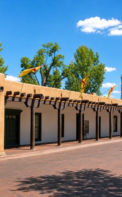 The adobe Palace of the Governors portal with New Mexico Zia flags on Santa Fe's historic plaza.