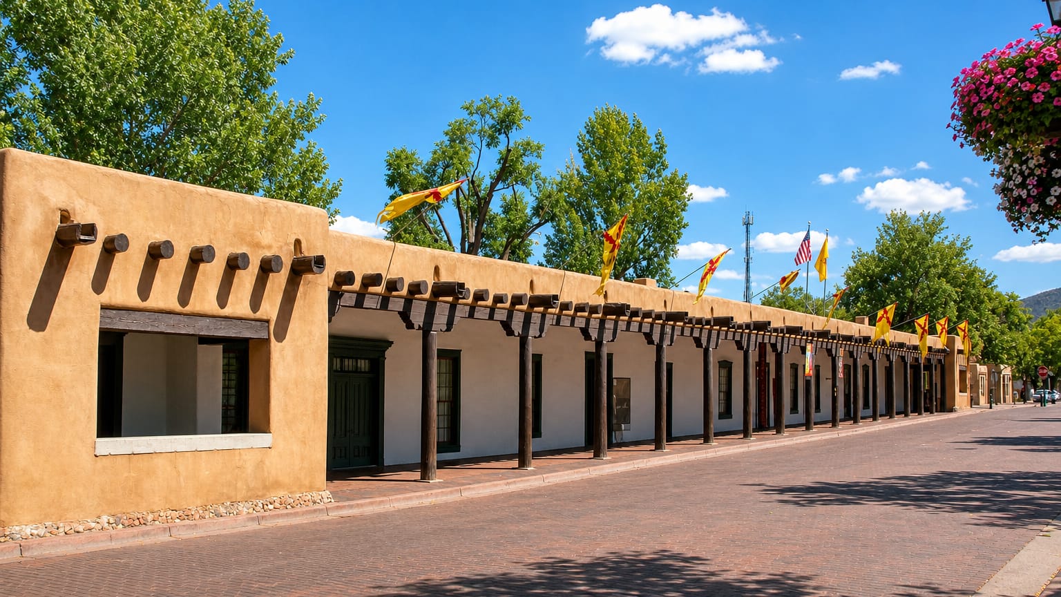 The adobe Palace of the Governors portal with New Mexico Zia flags on Santa Fe's historic plaza.