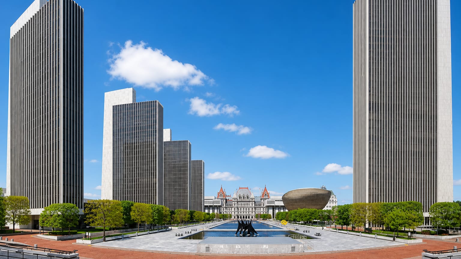 Albany, New York's Empire State Plaza with its agency towers, The Egg, and the State Capitol under a blue sky