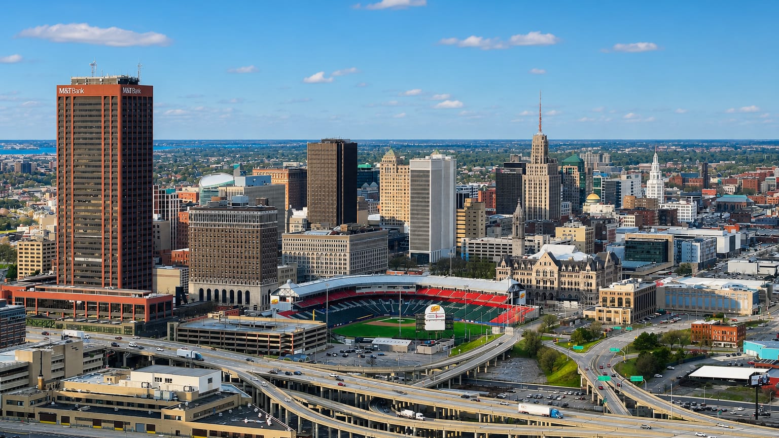 Aerial view of downtown Buffalo, New York, with the M&T Center tower, ballpark and highway interchange under a blue sky.