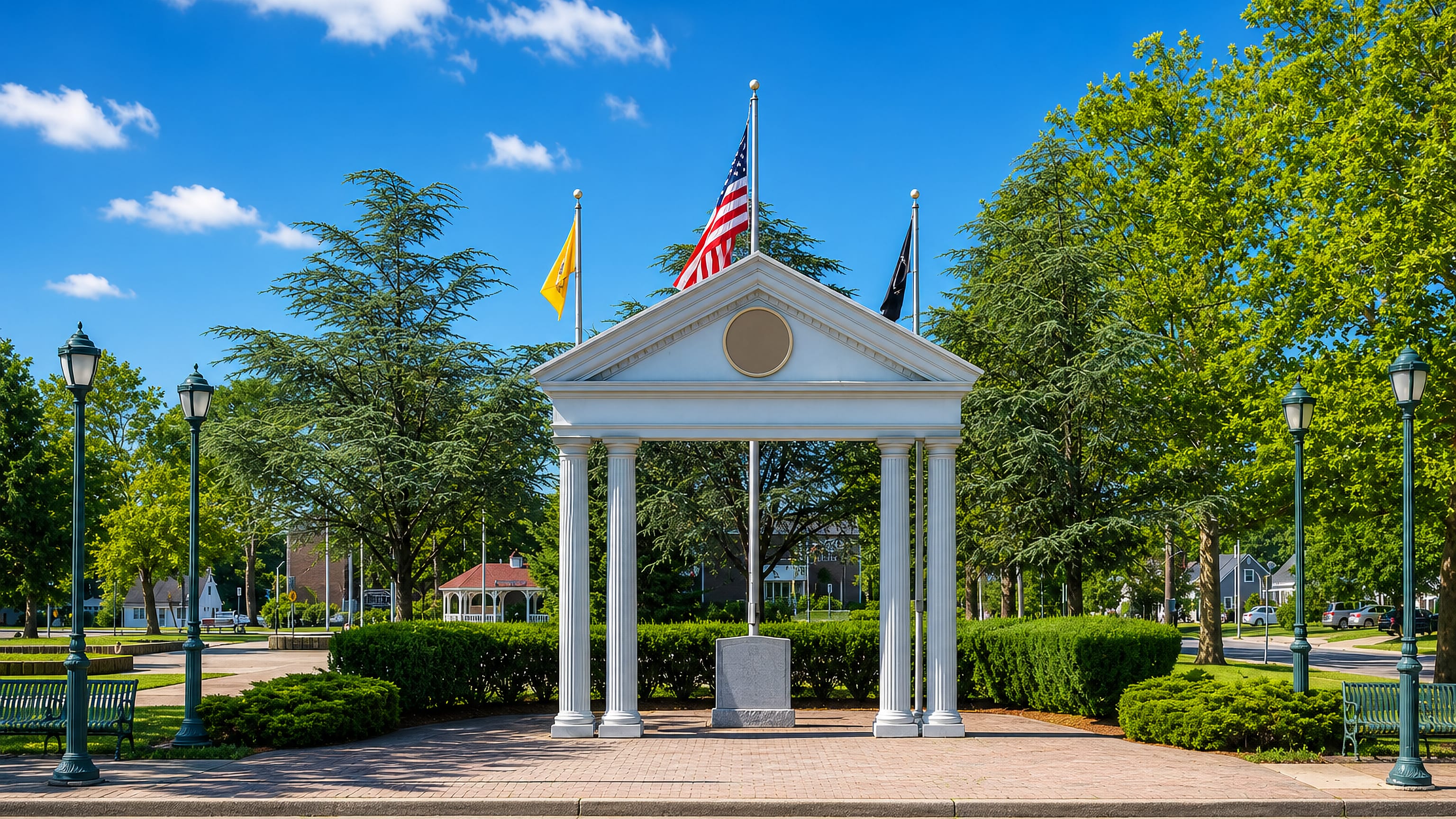 White-columned veterans memorial with the US flag in a green park in Levittown, New York.