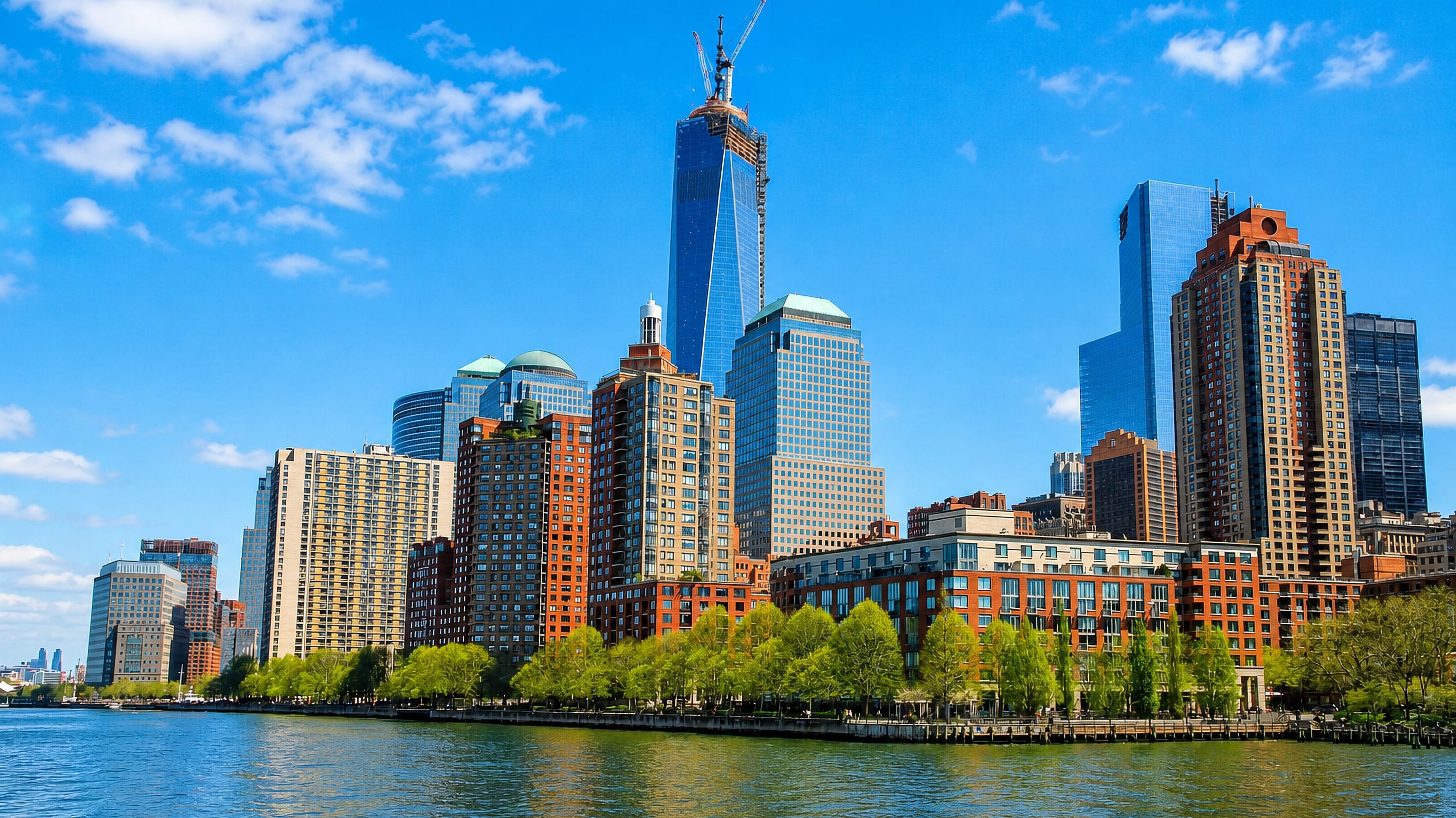 Battery Park City's Hudson River waterfront in Manhattan, with One World Trade Center rising behind the esplanade.