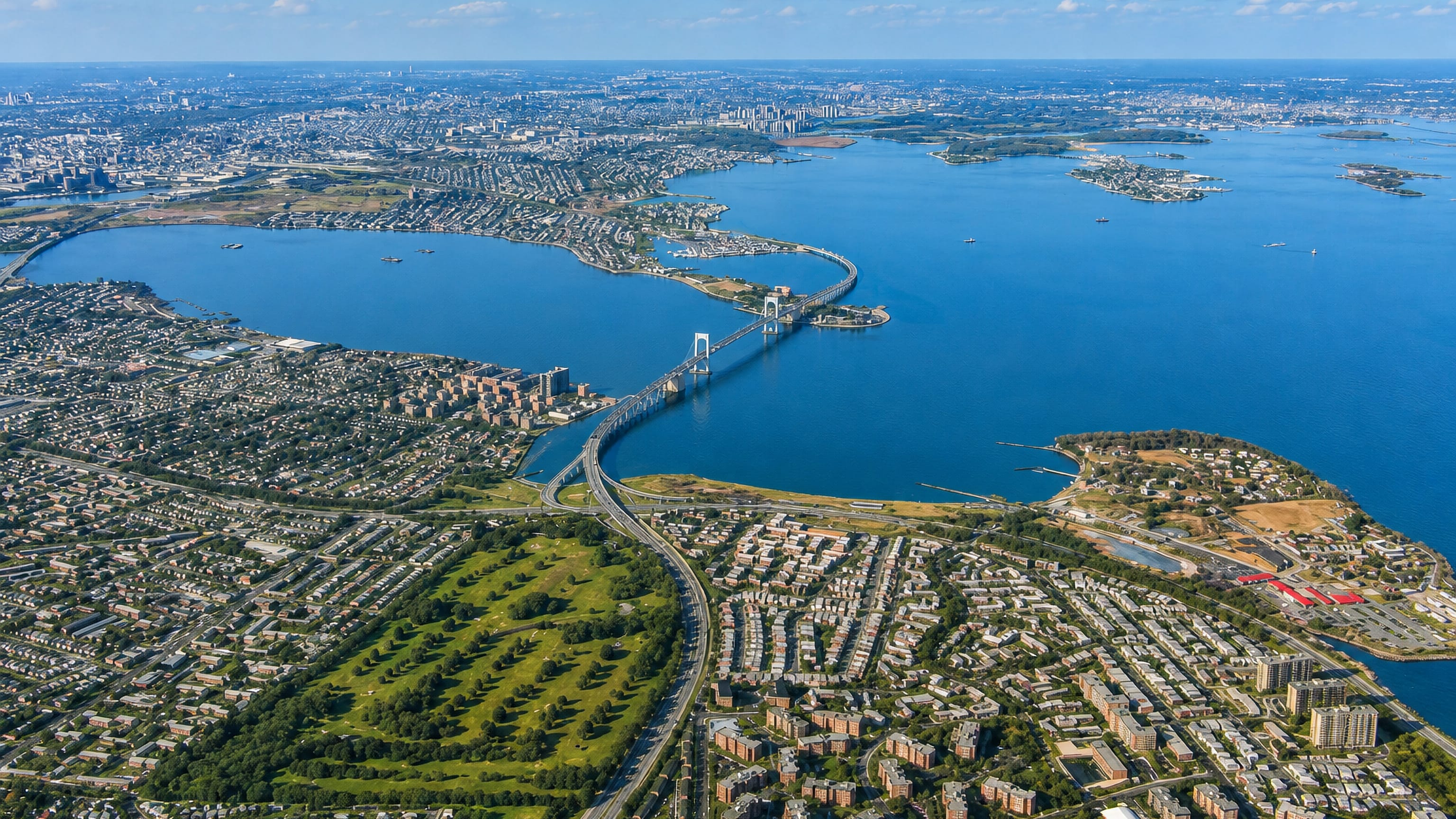 Aerial view of Bayside, Queens with Little Neck Bay, Clearview golf course and the Throgs Neck Bridge.