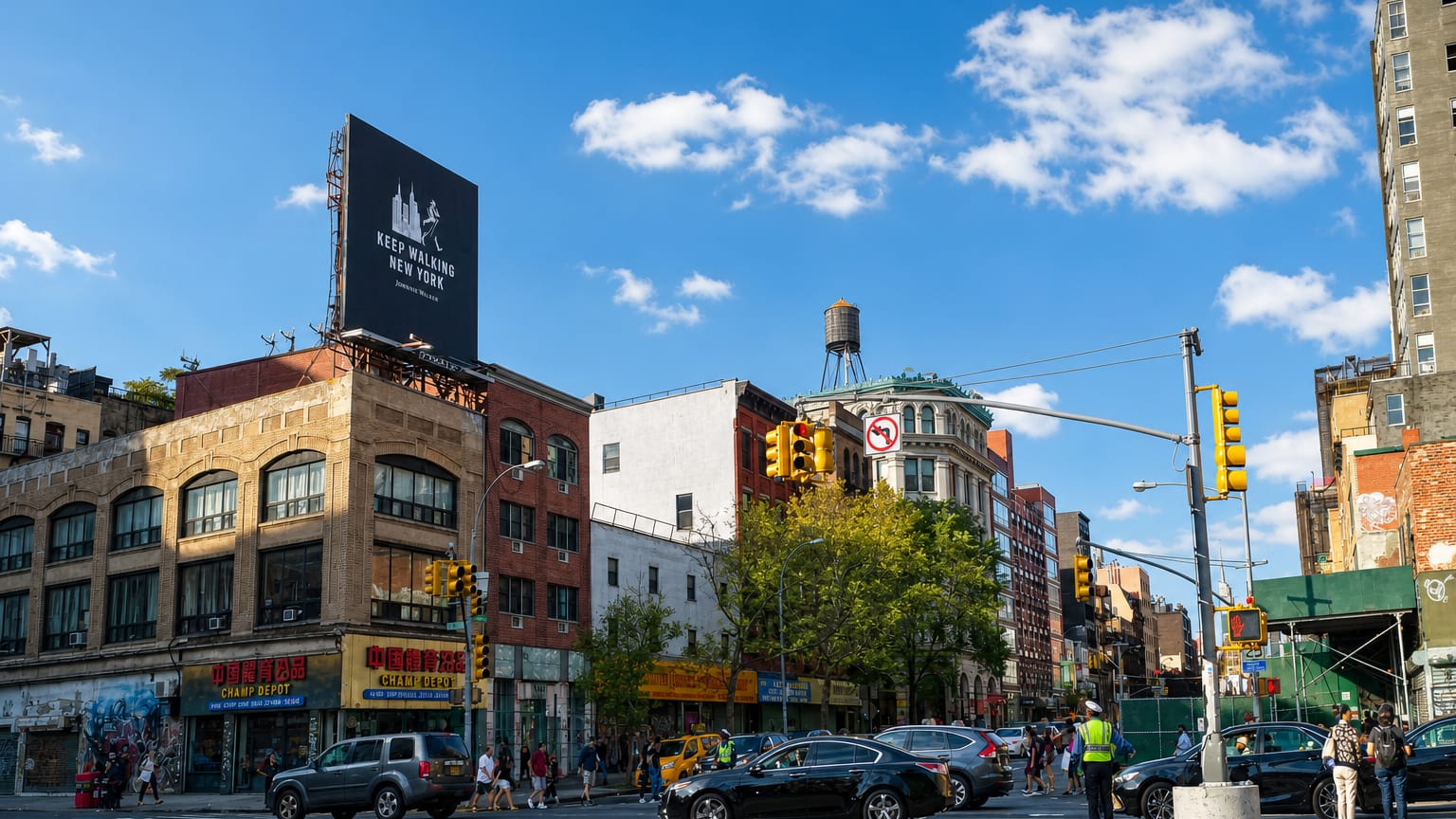 Busy Bowery street corner beside Manhattan's Chinatown with brick buildings, shop signs and a rooftop water tower.
