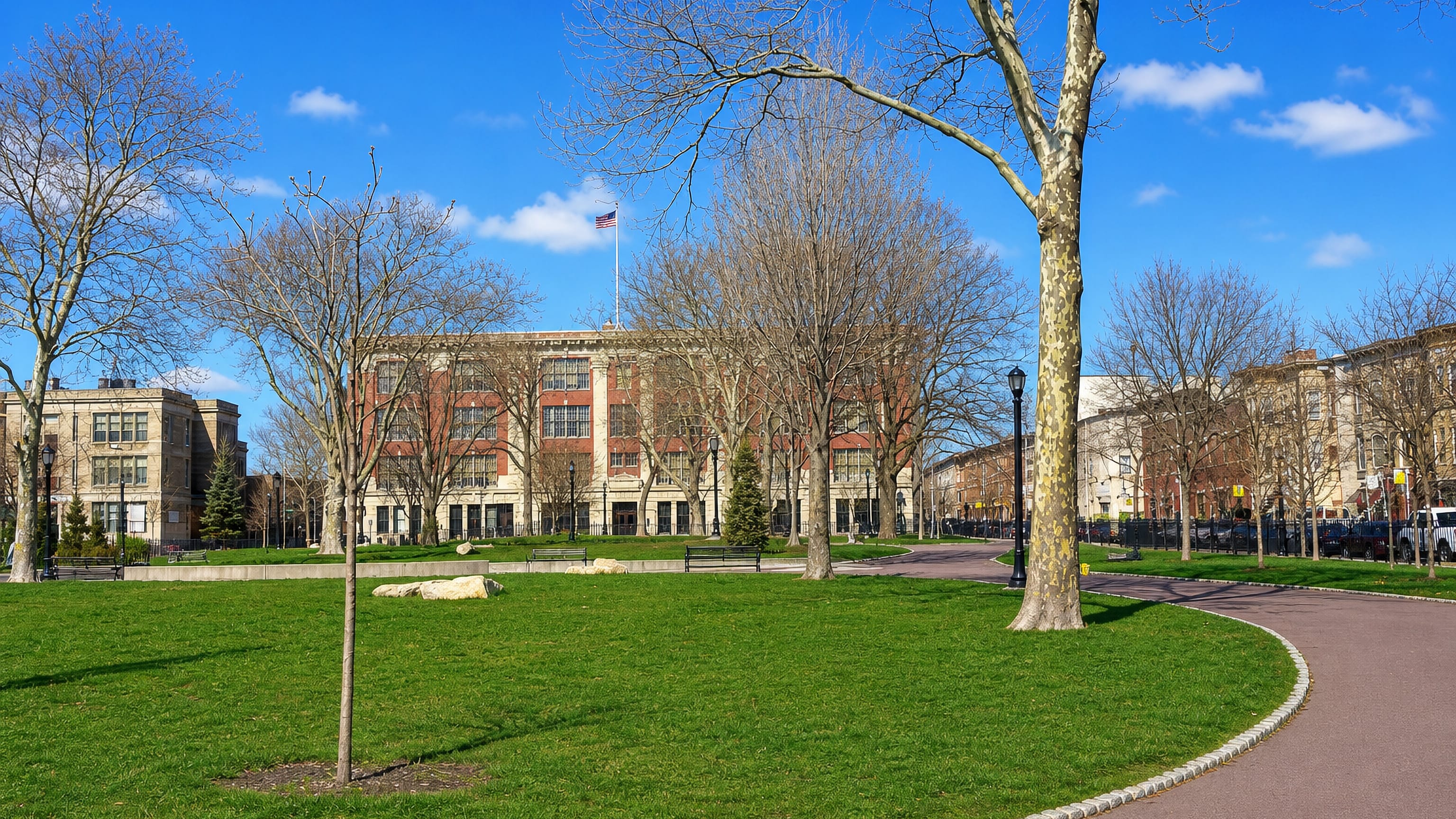 Lawn and bare plane trees in a Bushwick park facing a brick school building, Brooklyn, New York