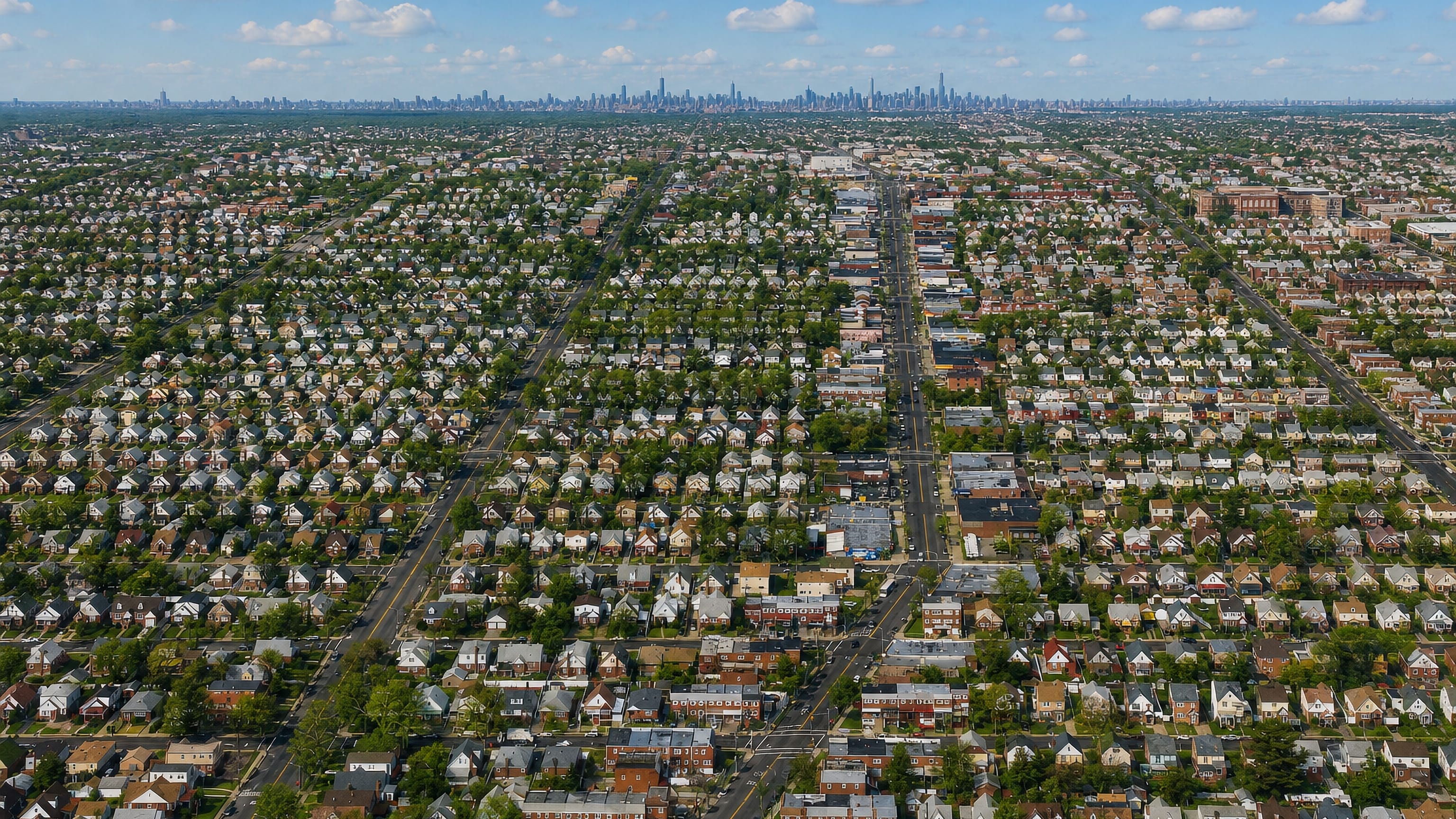 Aerial view of Cambria Heights, New York City, rows of houses stretching to the distant Manhattan skyline.