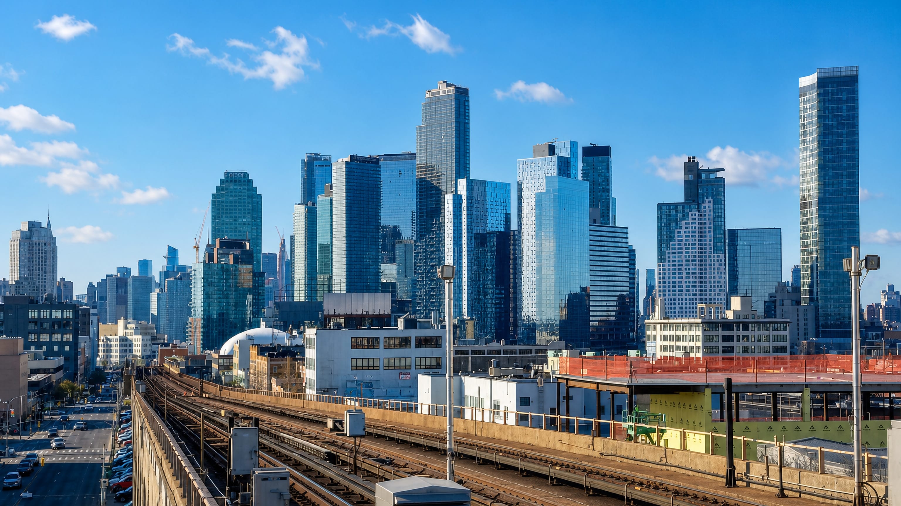 Elevated subway tracks in Dutch Kills, Queens, with the Long Island City high-rise skyline behind.
