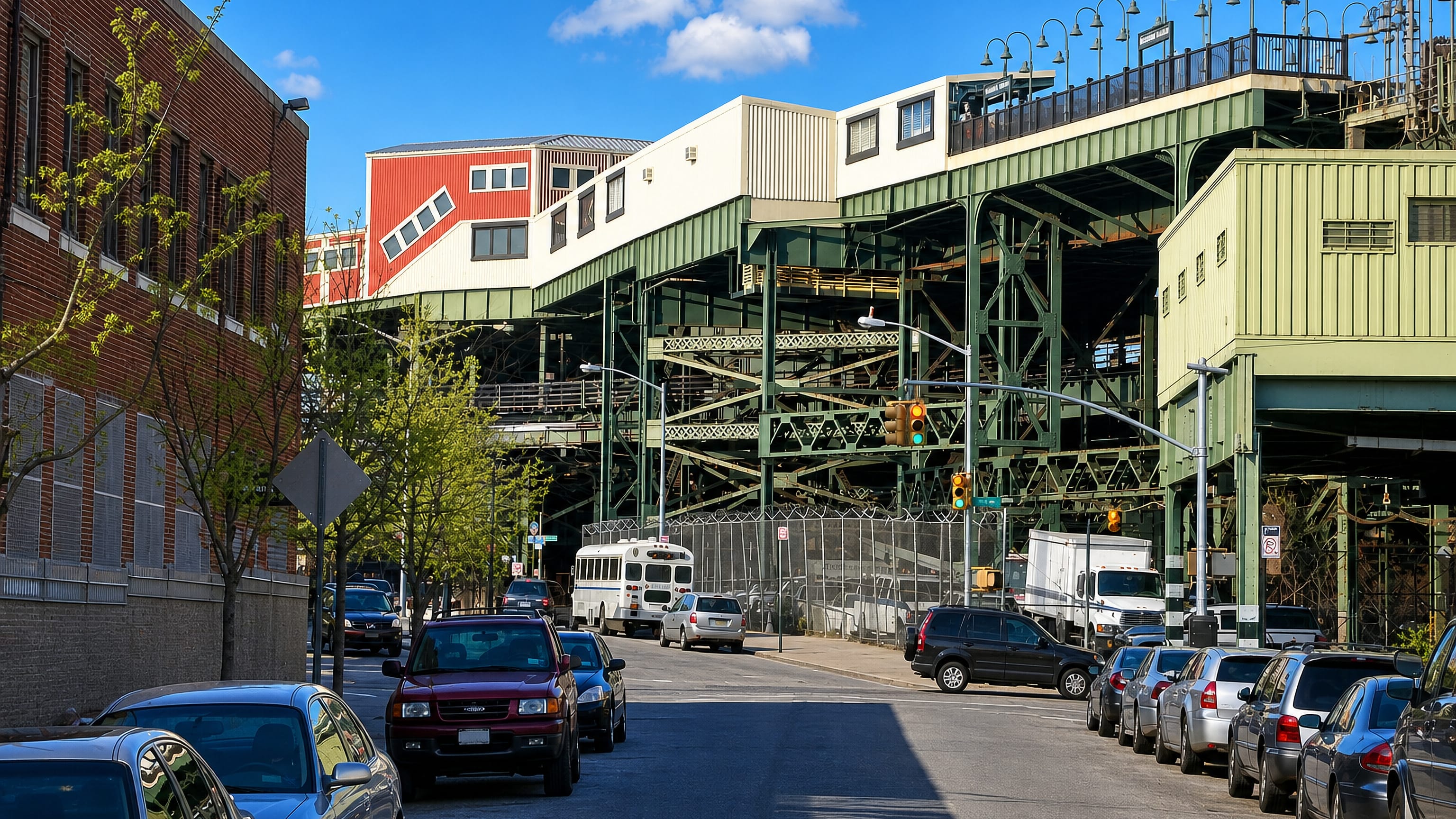 A green elevated subway structure crosses above a car-lined street in East New York, Brooklyn.