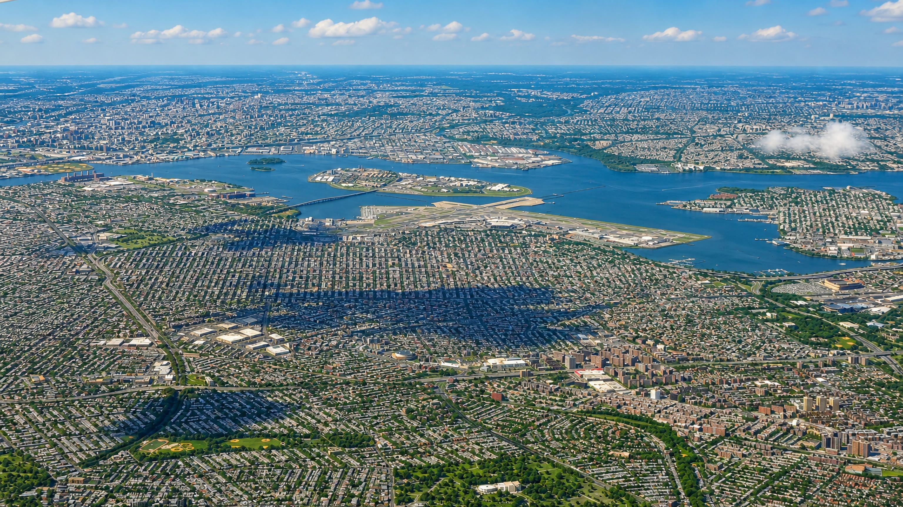 Aerial over Elmhurst's Queens rowhouse grid toward LaGuardia Airport and Flushing Bay, New York City.