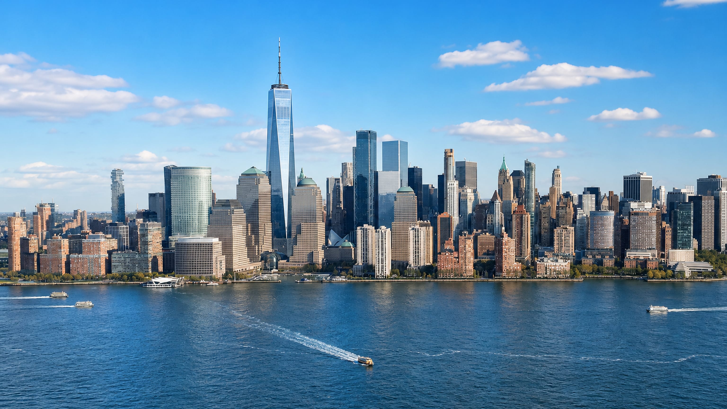 Lower Manhattan's Financial District skyline led by One World Trade Center, seen across the Hudson River in New York City.