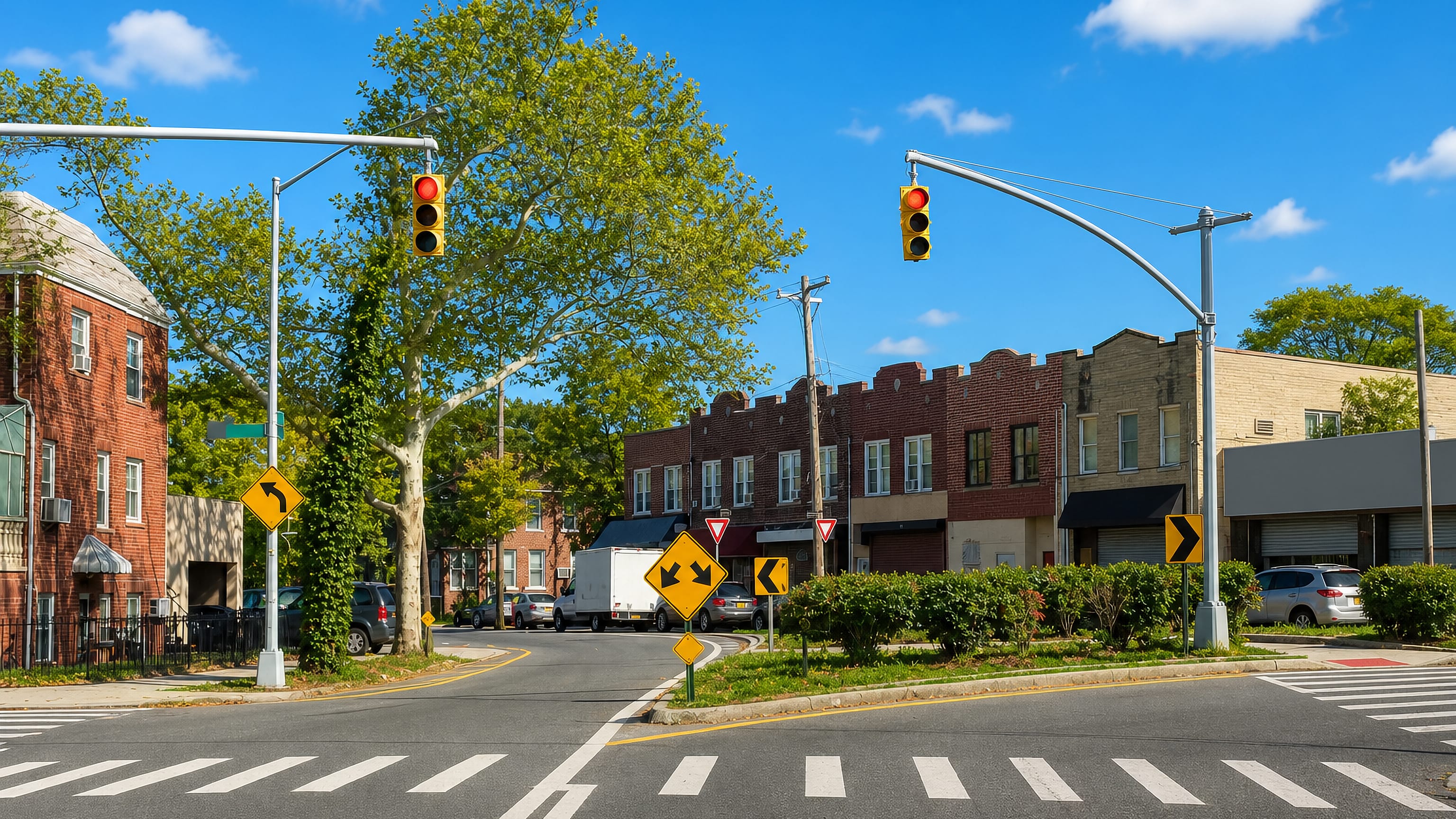 Brick rowhouses and storefronts at a signalised intersection in Flatlands, Brooklyn.