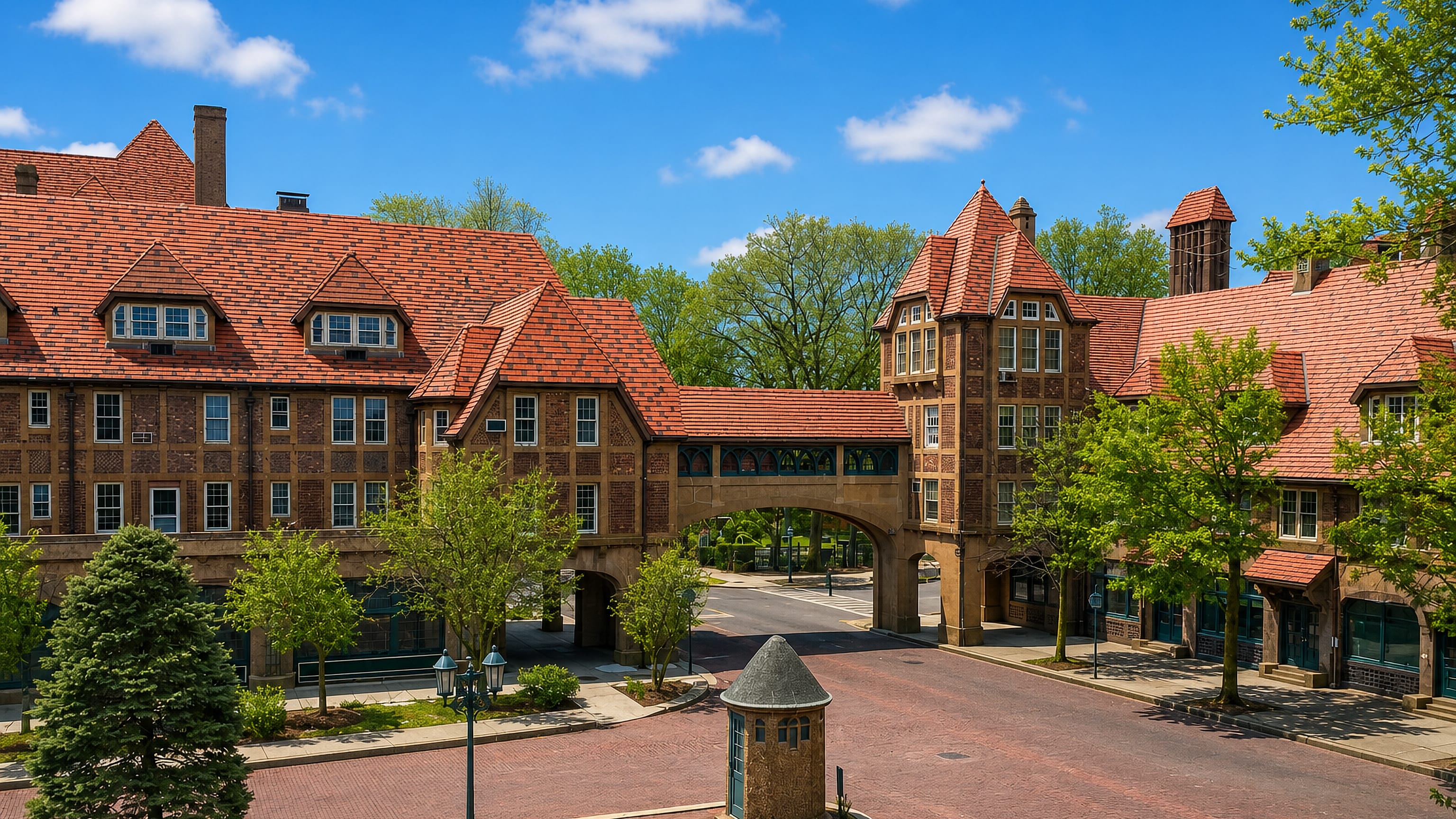 Tudor-style buildings and the arched overpass at Station Square, Forest Hills, Queens, New York City.