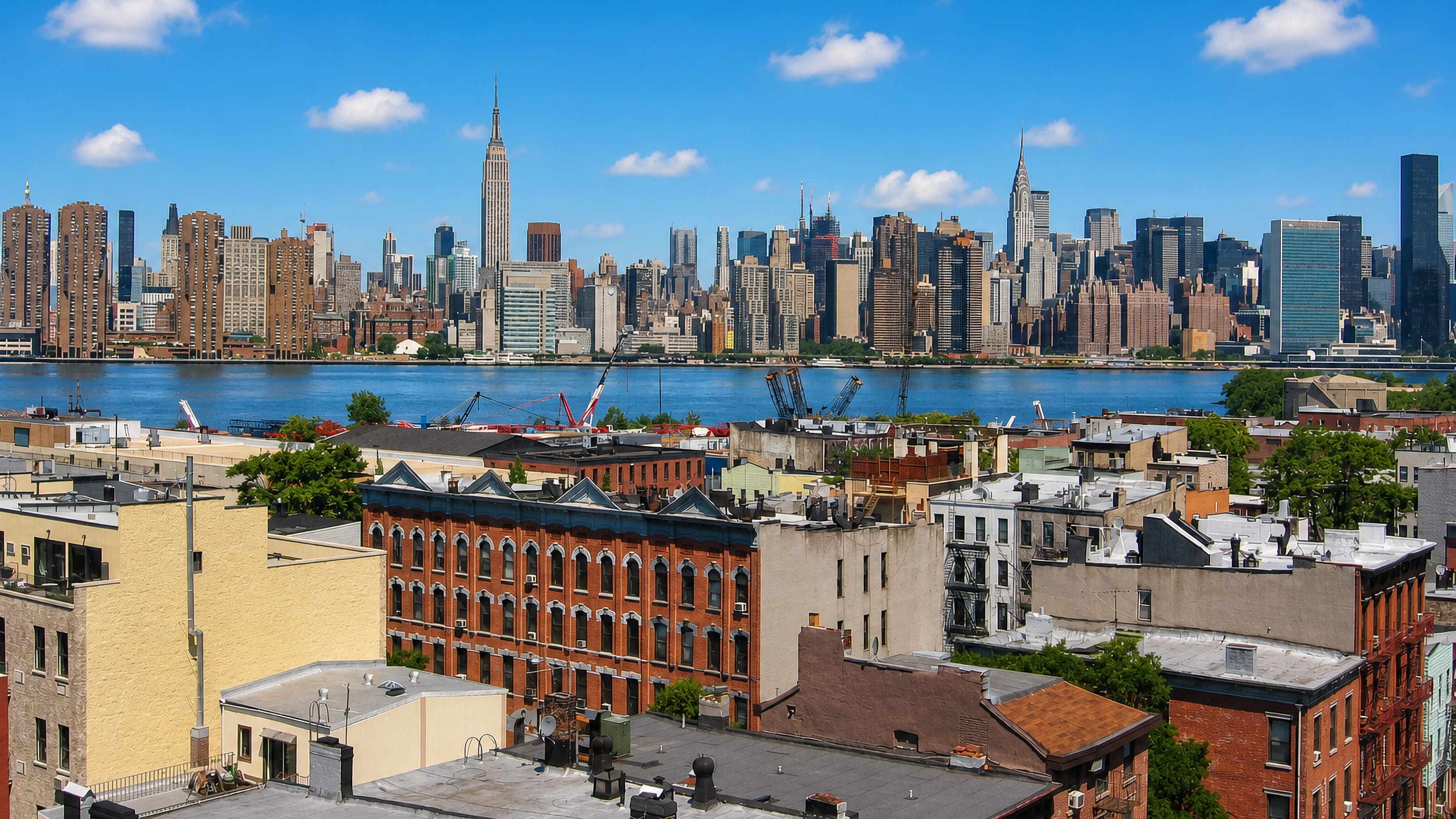 Greenpoint rooftops in Brooklyn facing the Manhattan skyline with the Empire State and Chrysler buildings.