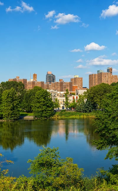 Harlem Meer lake framed by trees with Harlem apartment blocks and twin towers rising behind, New York.