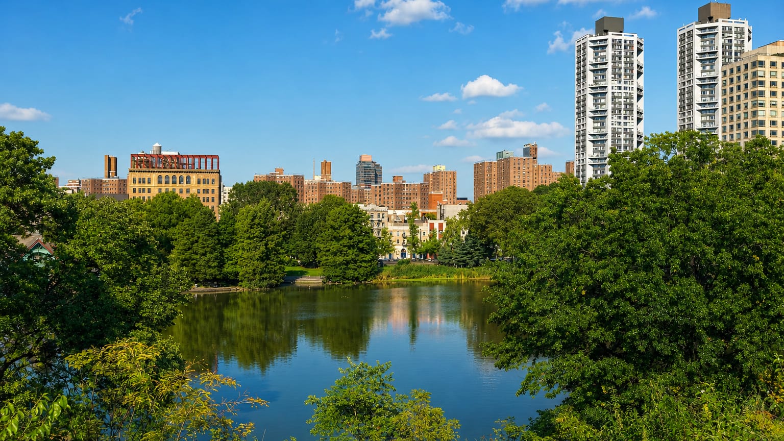 Harlem Meer lake framed by trees with Harlem apartment blocks and twin towers rising behind, New York.