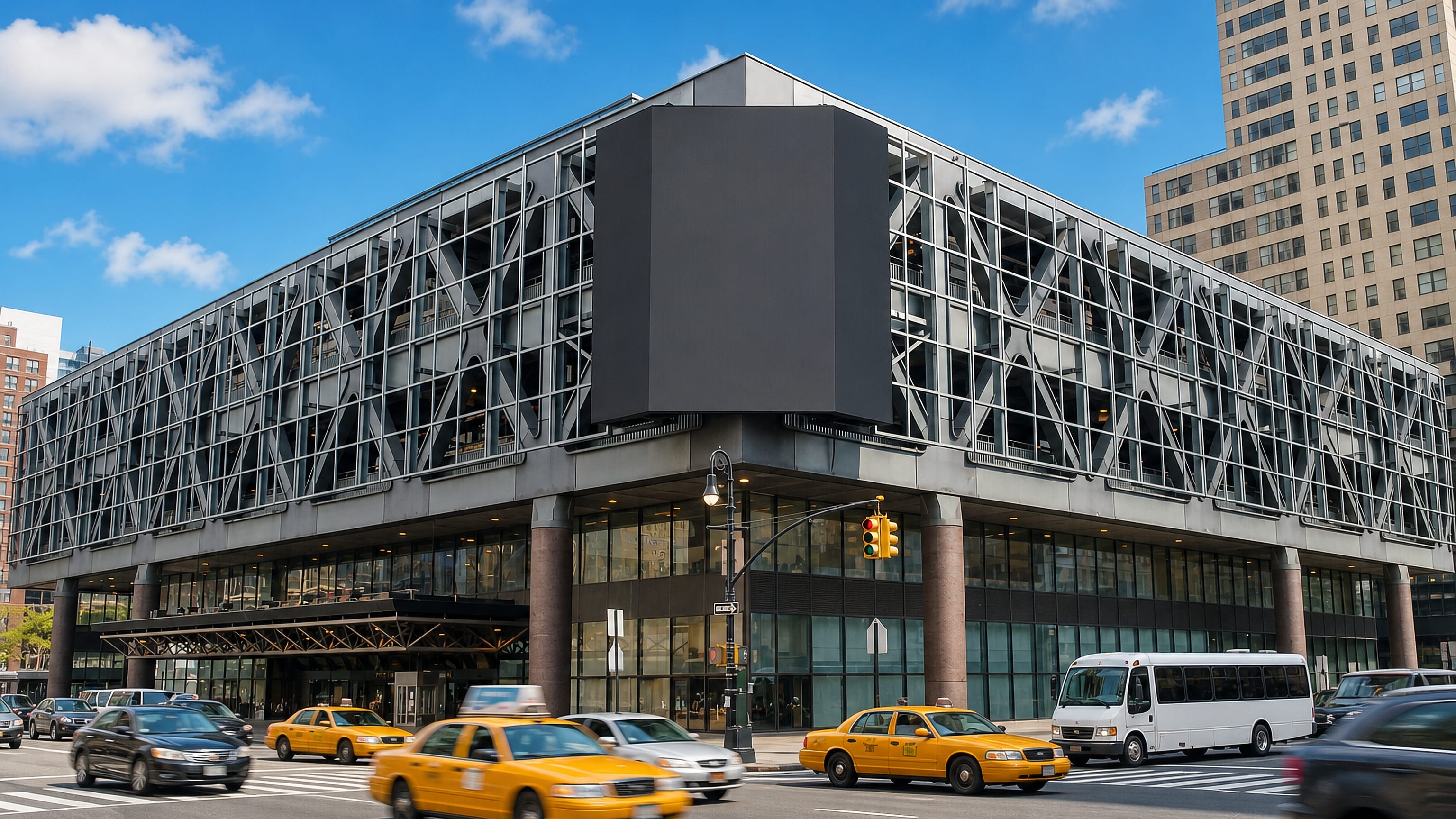 Yellow taxis passing a steel-and-glass terminal building on a Hell's Kitchen corner in Manhattan, New York City