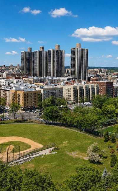 Aerial view of Highbridge in the Bronx, New York City, with a baseball field, mid-rise apartment blocks and cylindrical high-rise towers