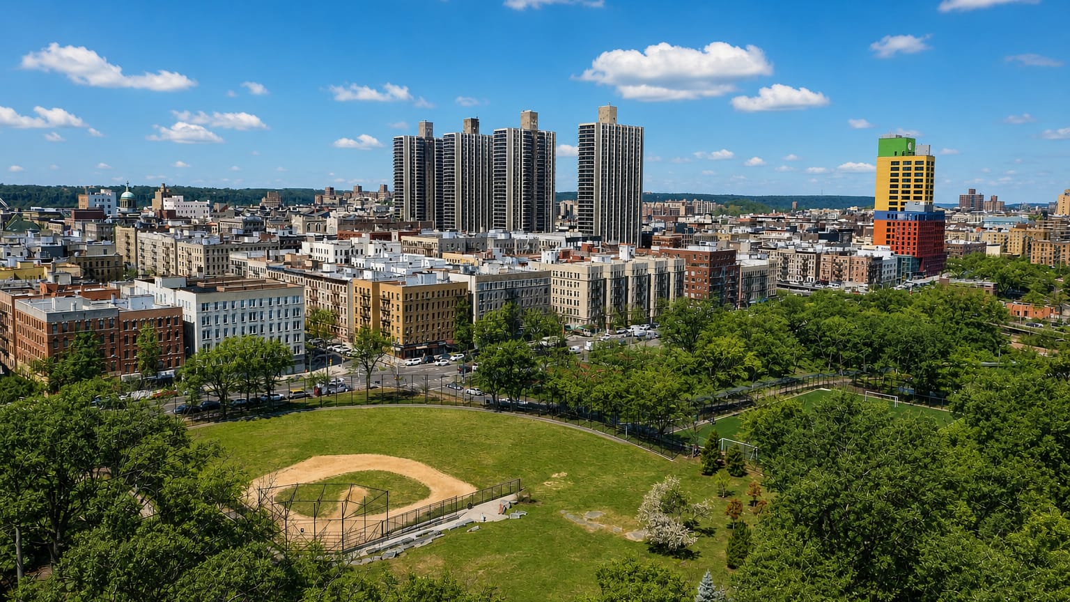 Aerial view of Highbridge in the Bronx, New York City, with a baseball field, mid-rise apartment blocks and cylindrical high-rise towers