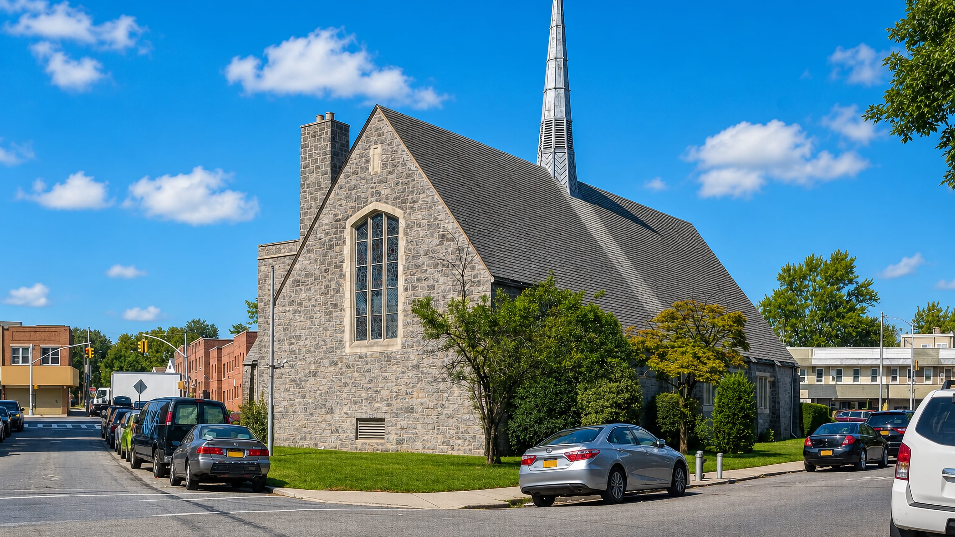 Stone church with a slender spire on a quiet residential corner in Hollis, Queens, New York City.