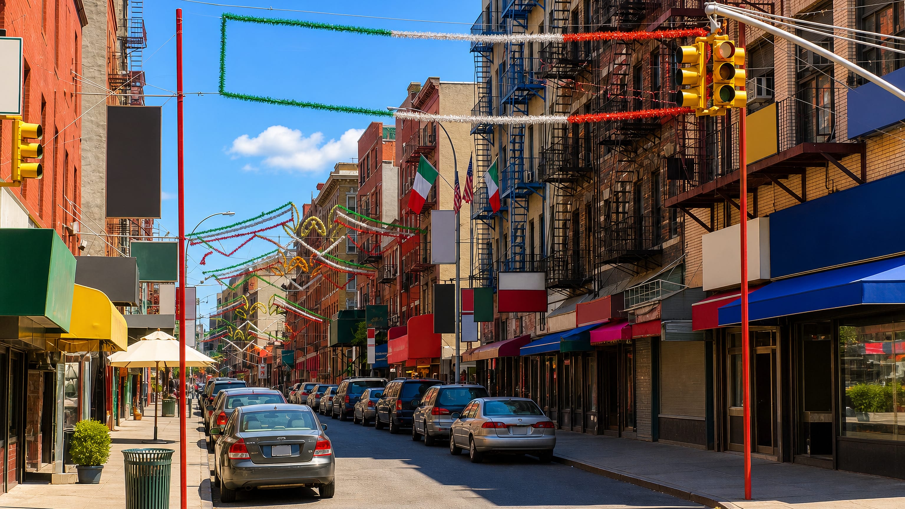 Italian flags and green-white-red garlands strung above a Little Italy street in Manhattan, New York.