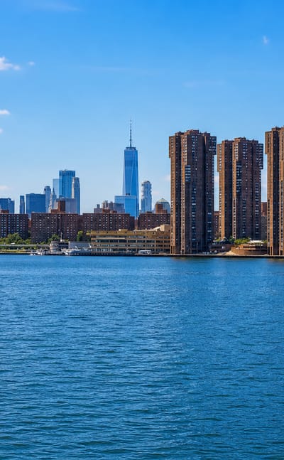 Brick residential high-rise towers on the East River waterfront with the Lower Manhattan skyline behind in Peter Cooper Village, New York.